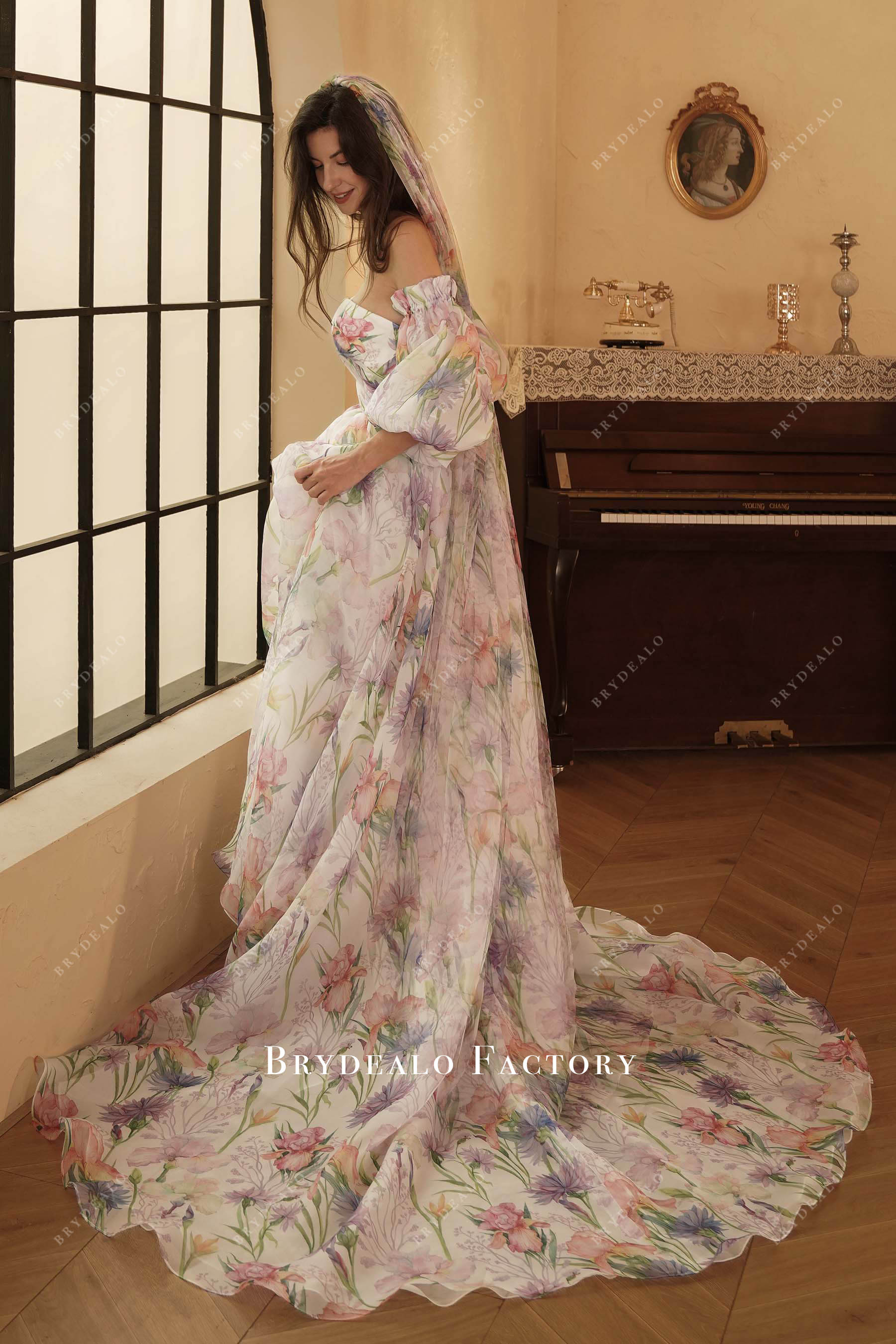 romantic floral wedding dress with matching veil