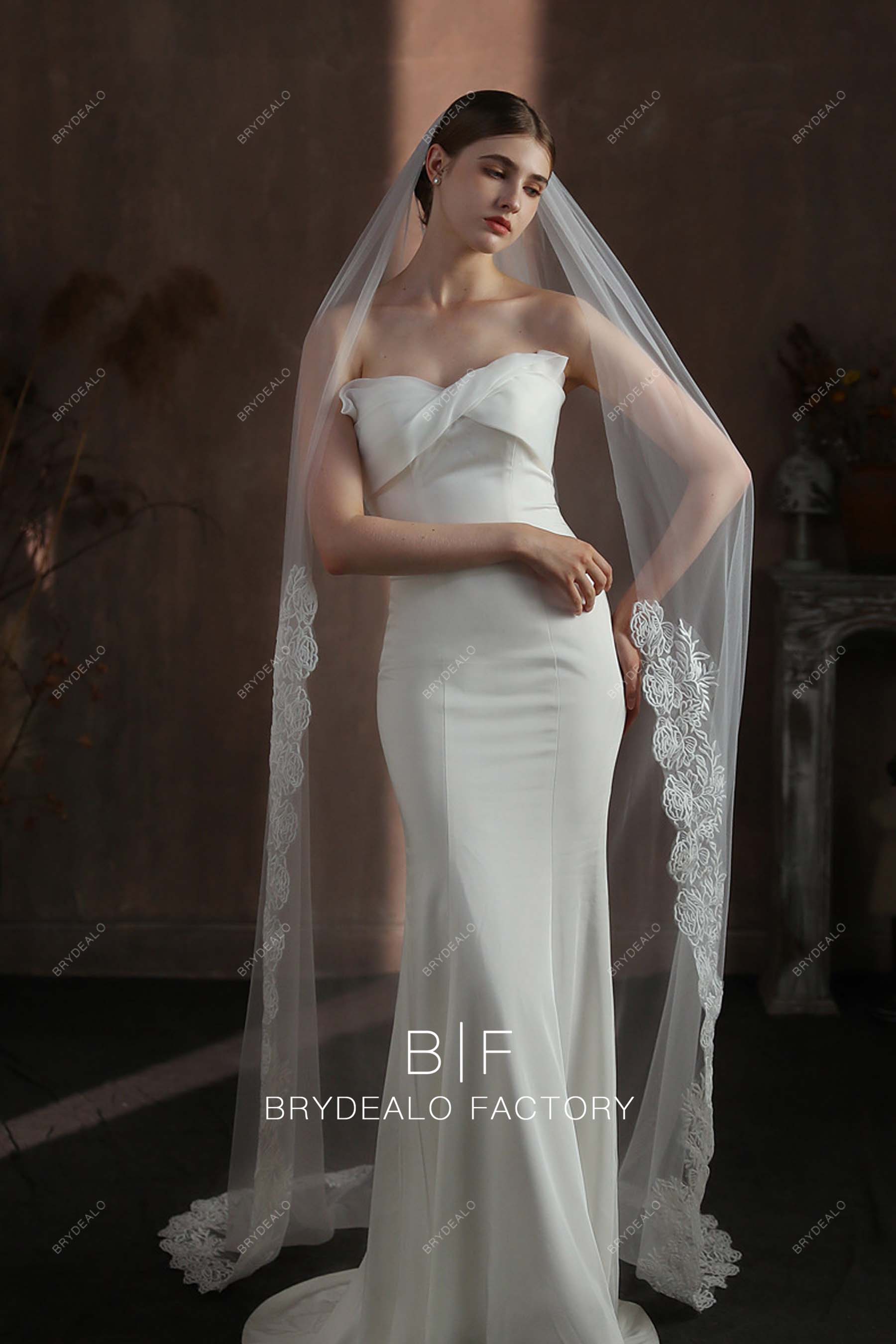 Brydealo Factory Romantic Flowers Lace Wholesale Chapel Length Wedding Veil