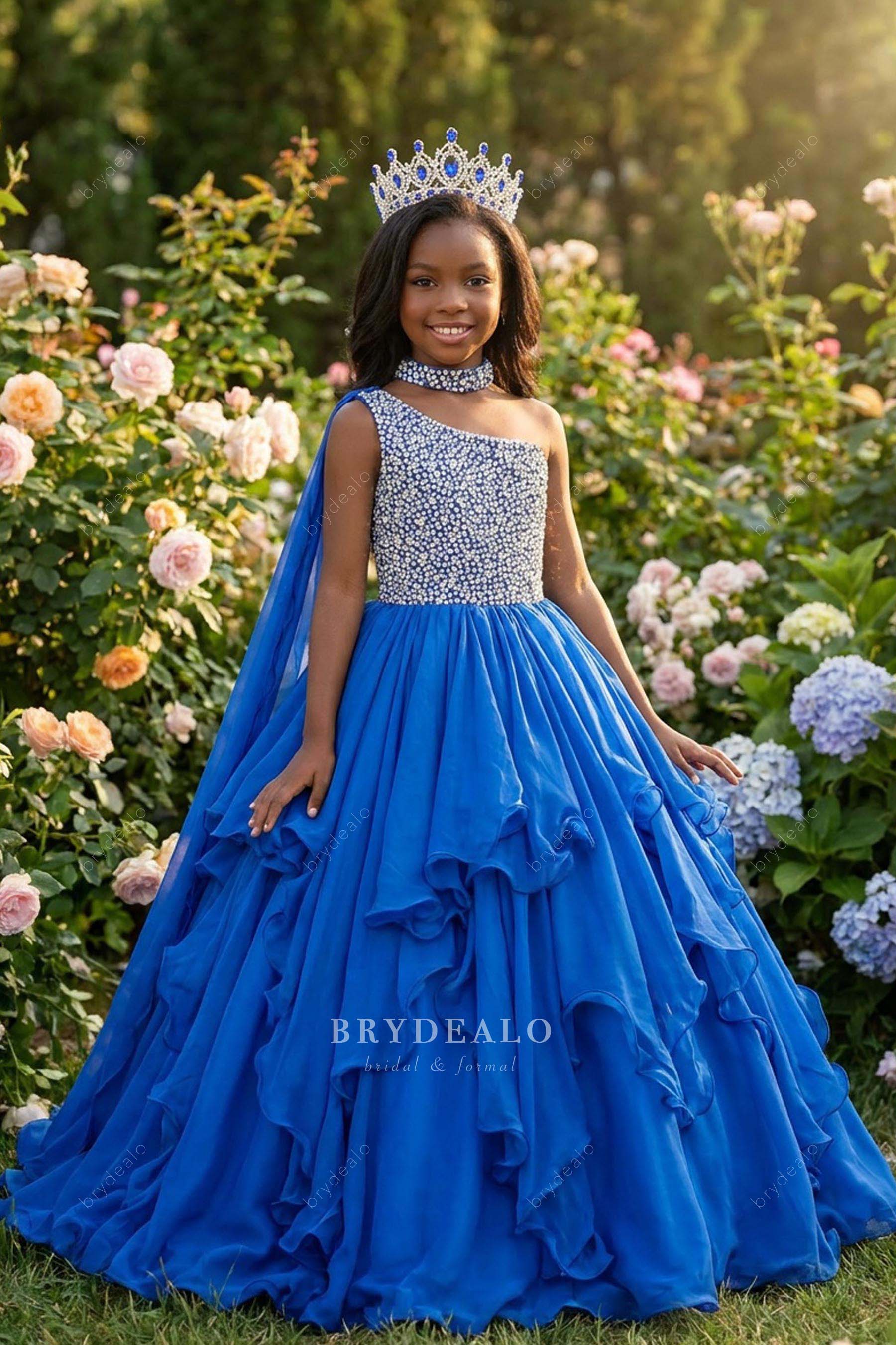 royal blue ruffled kids pageant gown
