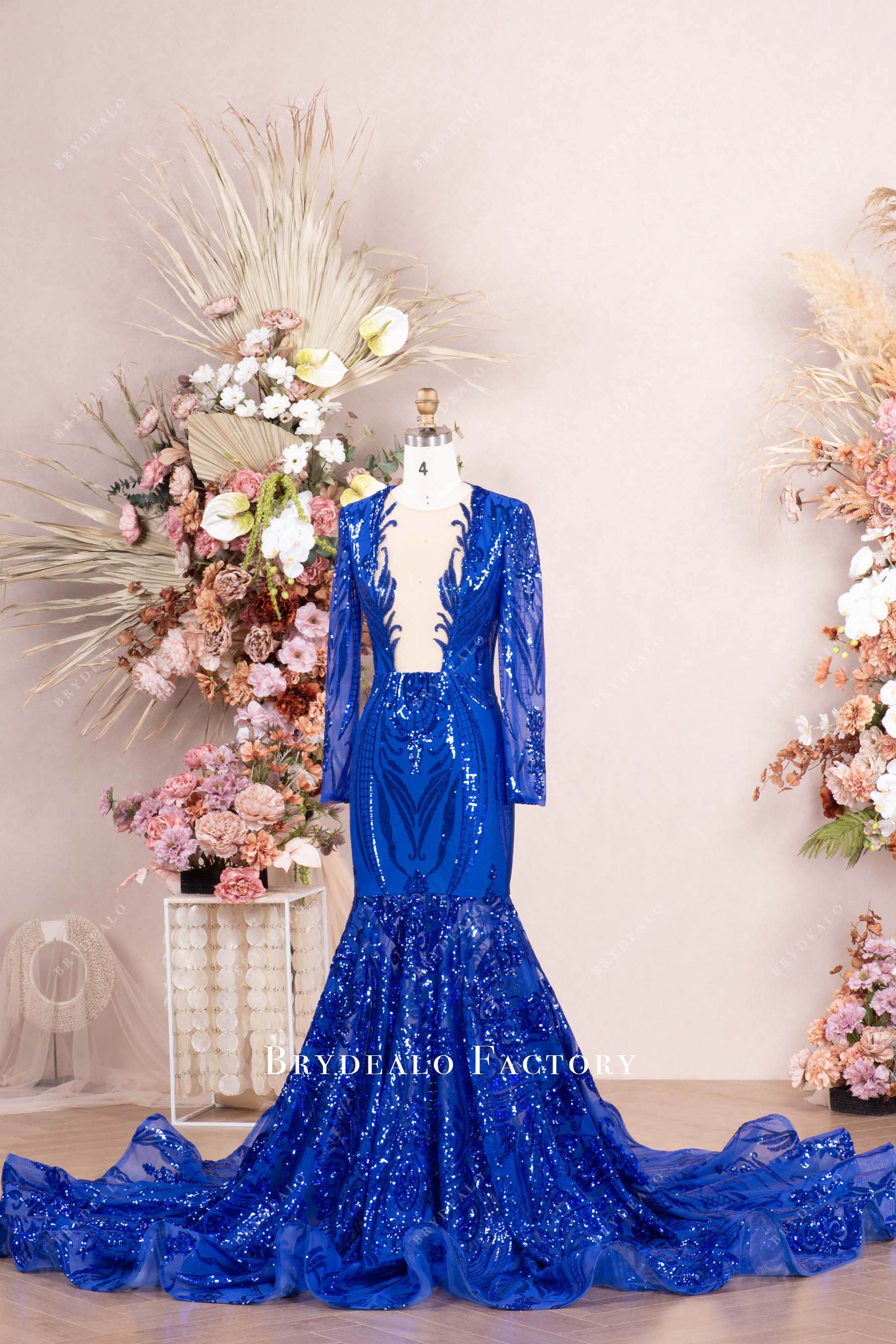 royal blue sleeve prom dress