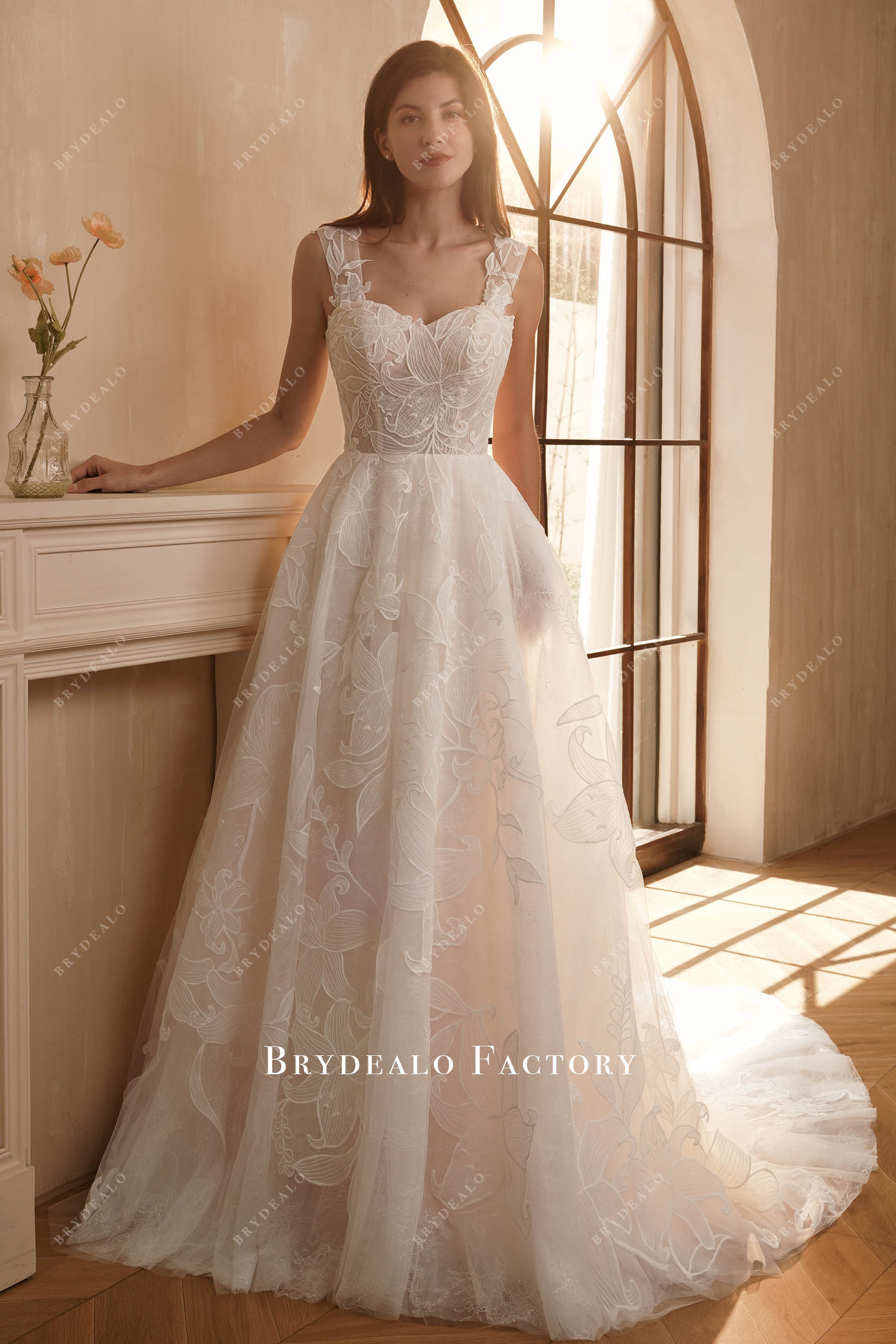 wedding dress straps Pretty Deep V Neck A Line Spaghetti Straps Wholesale Wedding Dresses