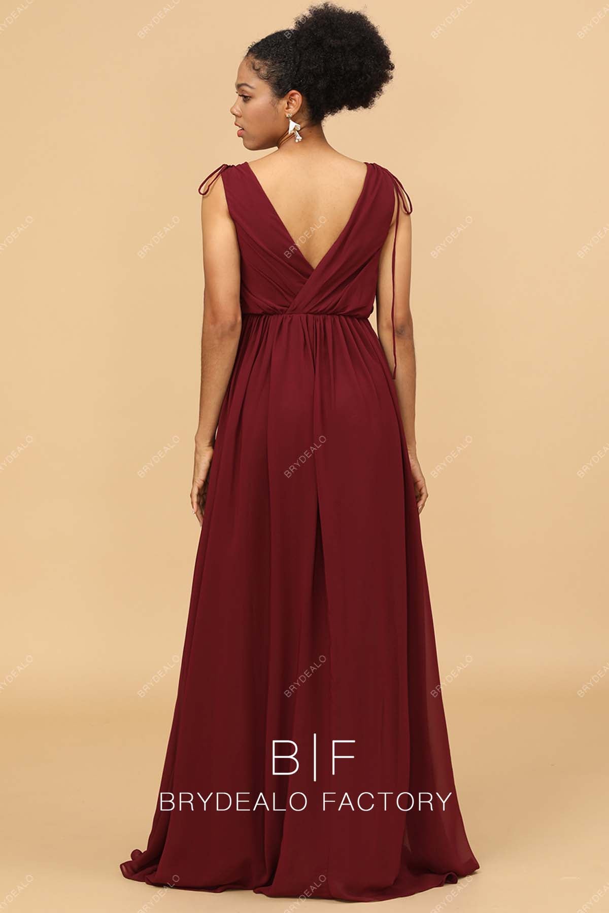 ruched V-back floor length bridesmaid dress