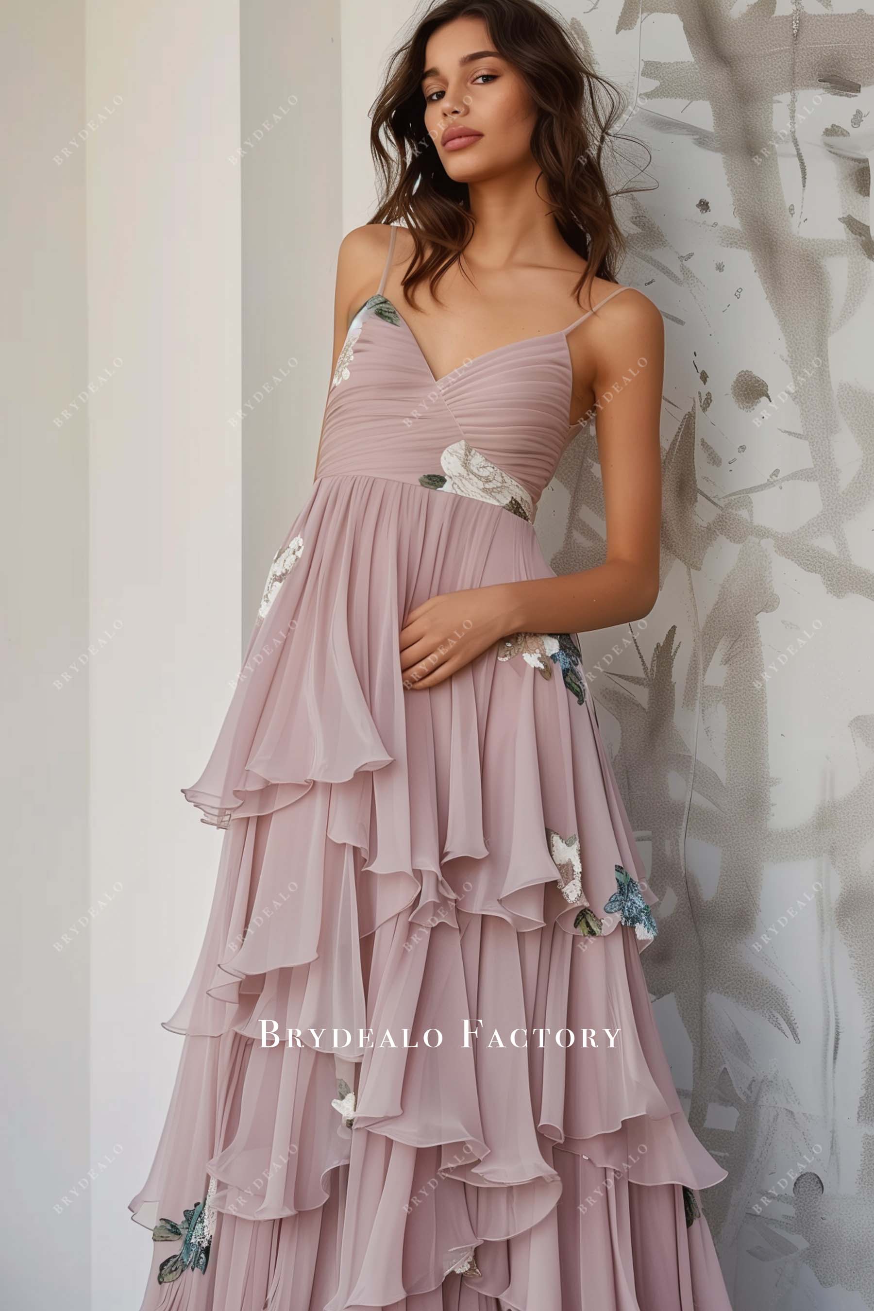 Sleeveless Spaghetti Straps Print Chiffon Bridesmaid Dress