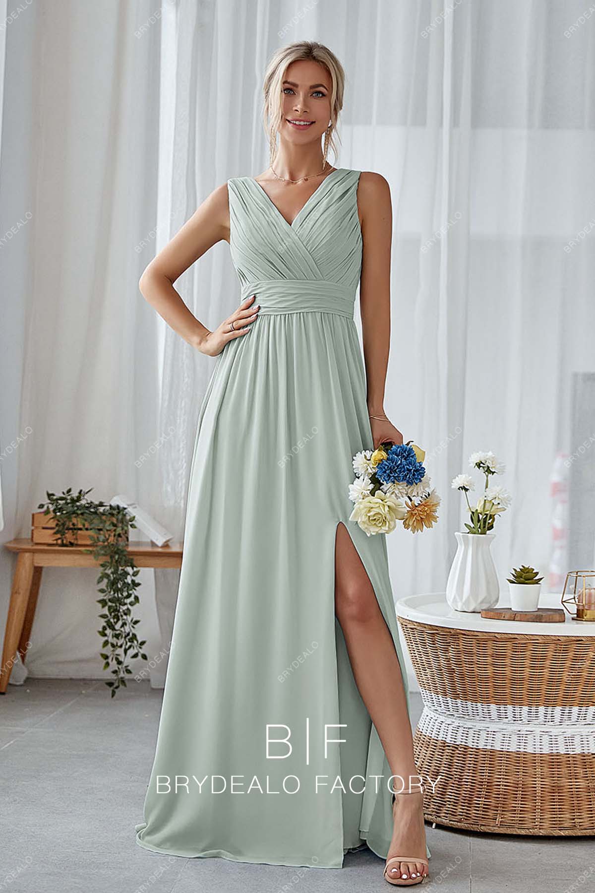 Dusty Sage Ruched V-neck Sleeveless Chiffon Slit Bridesmaid Dress Dusty Sage Ruched V-neck Sleeveless Chiffon Slit Bridesmaid Dress