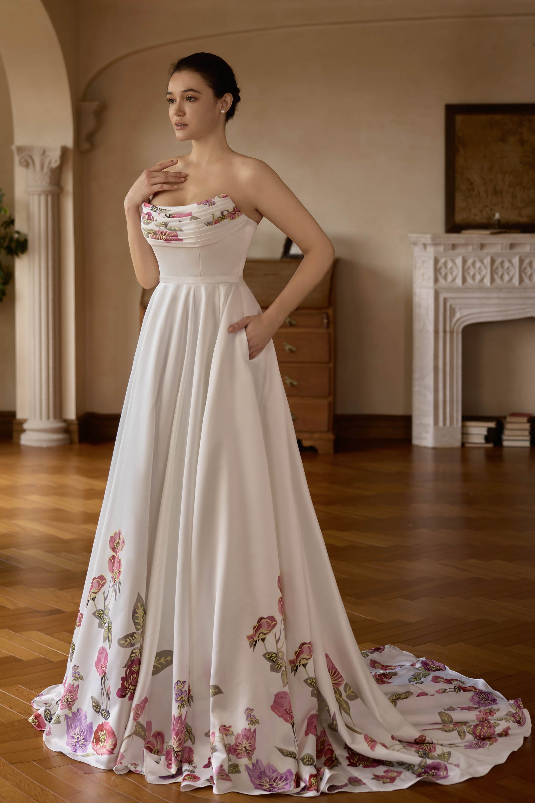 ruched curve neck wedding dress
