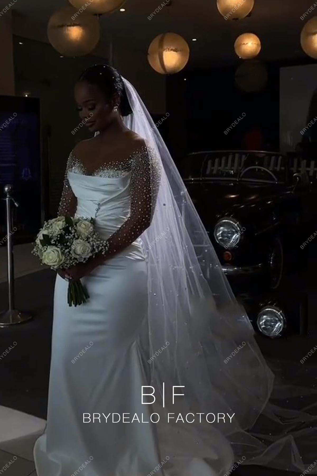 Luxury Rhinestones Long Sleeve Mermaid Wedding Dress with Overskirt BR20231978