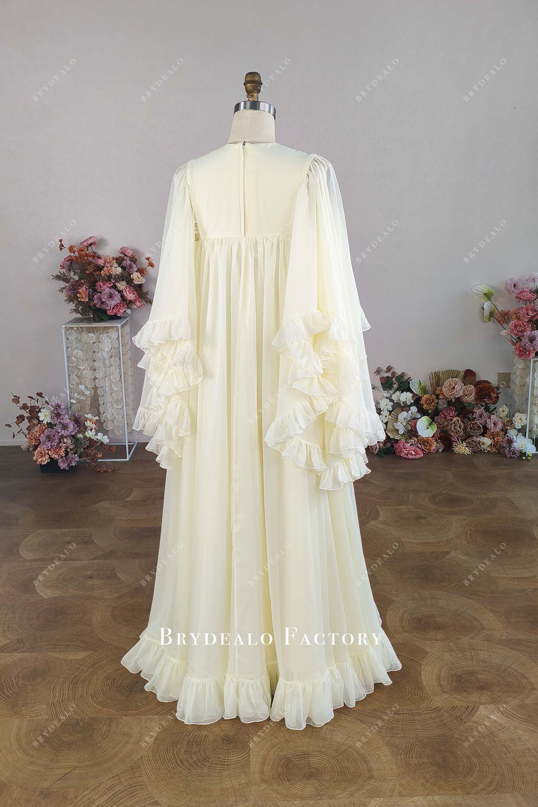 ruffled flutter sleeves floor length wedding dress