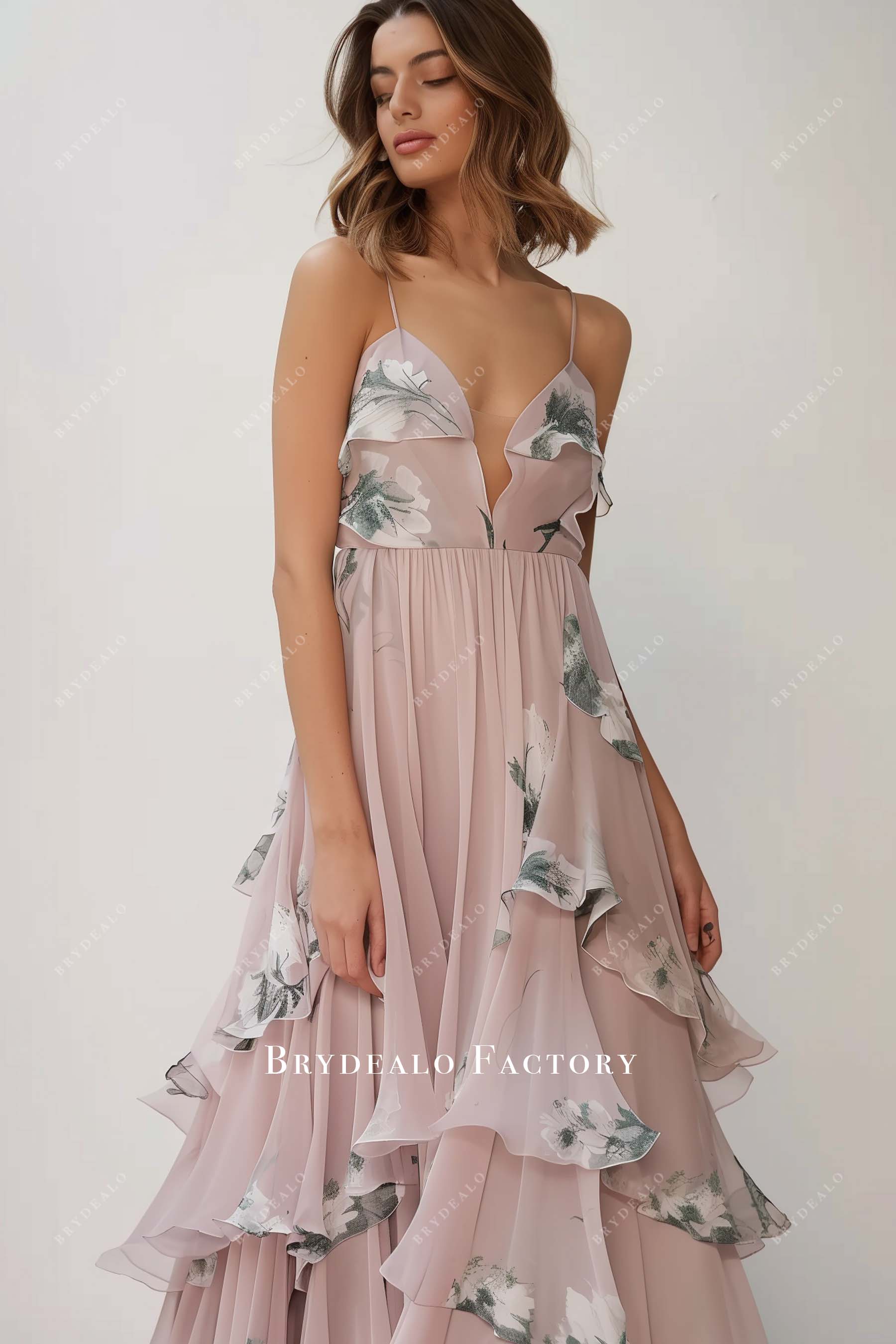 Plunging Neck Spaghetti Strap Print Bridesmaid Gown