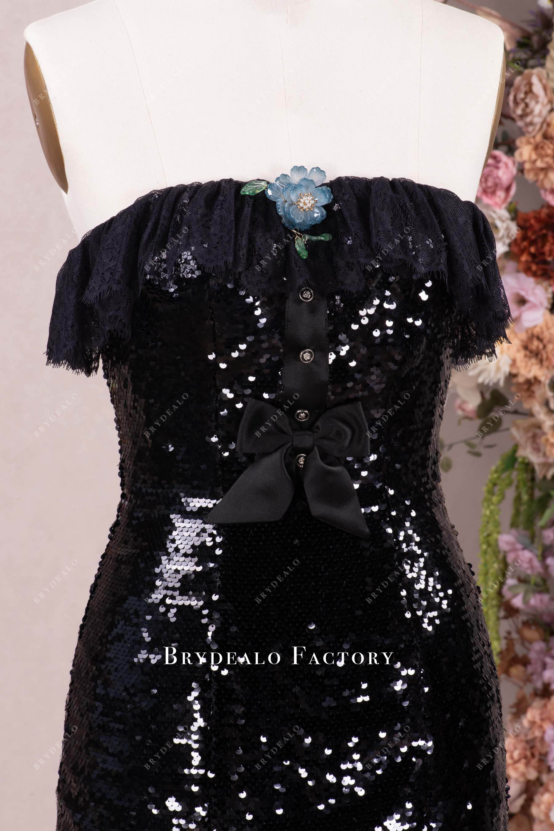 ruffled lace straight across neck dress
