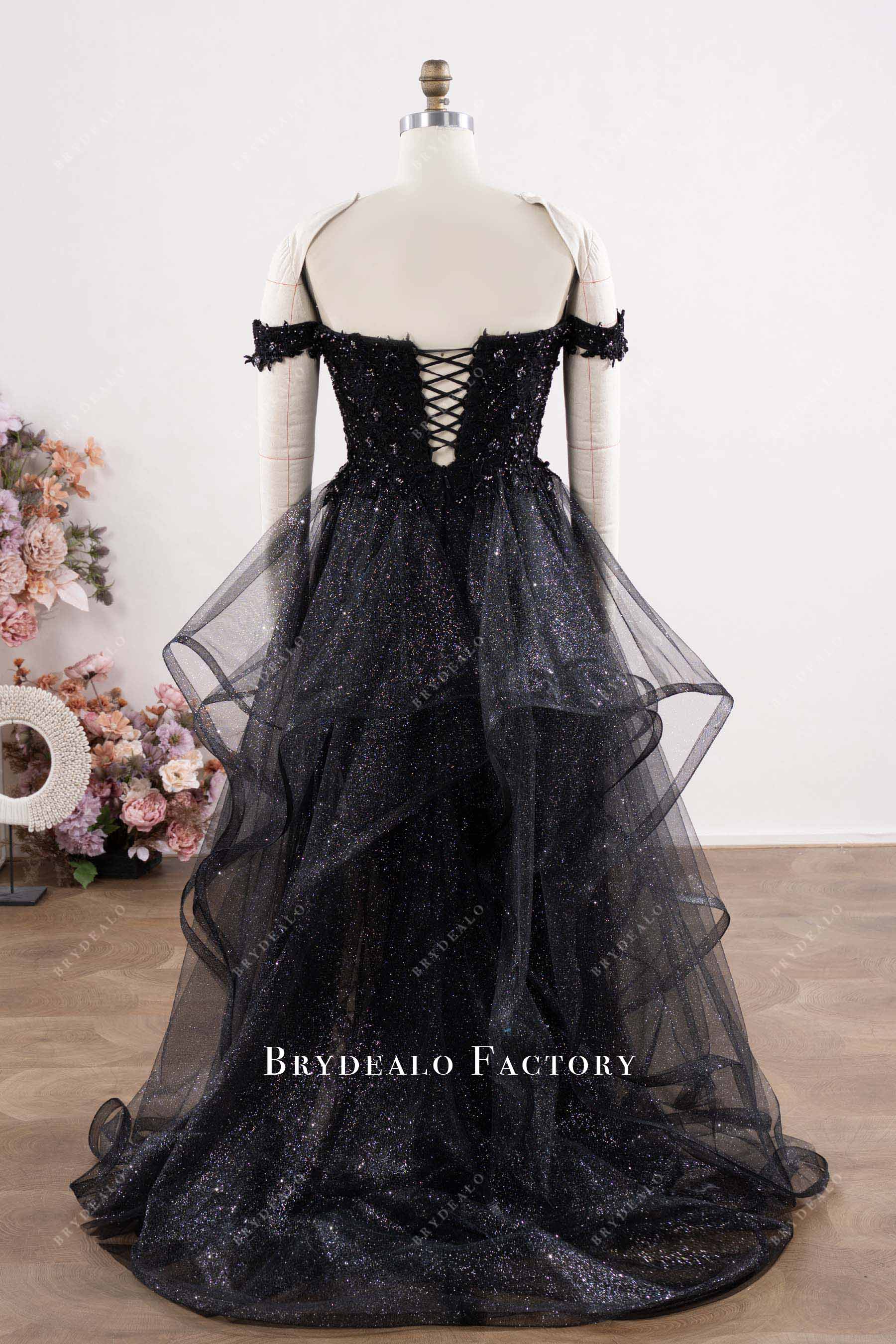ruffled lace-up floor length wedding dress