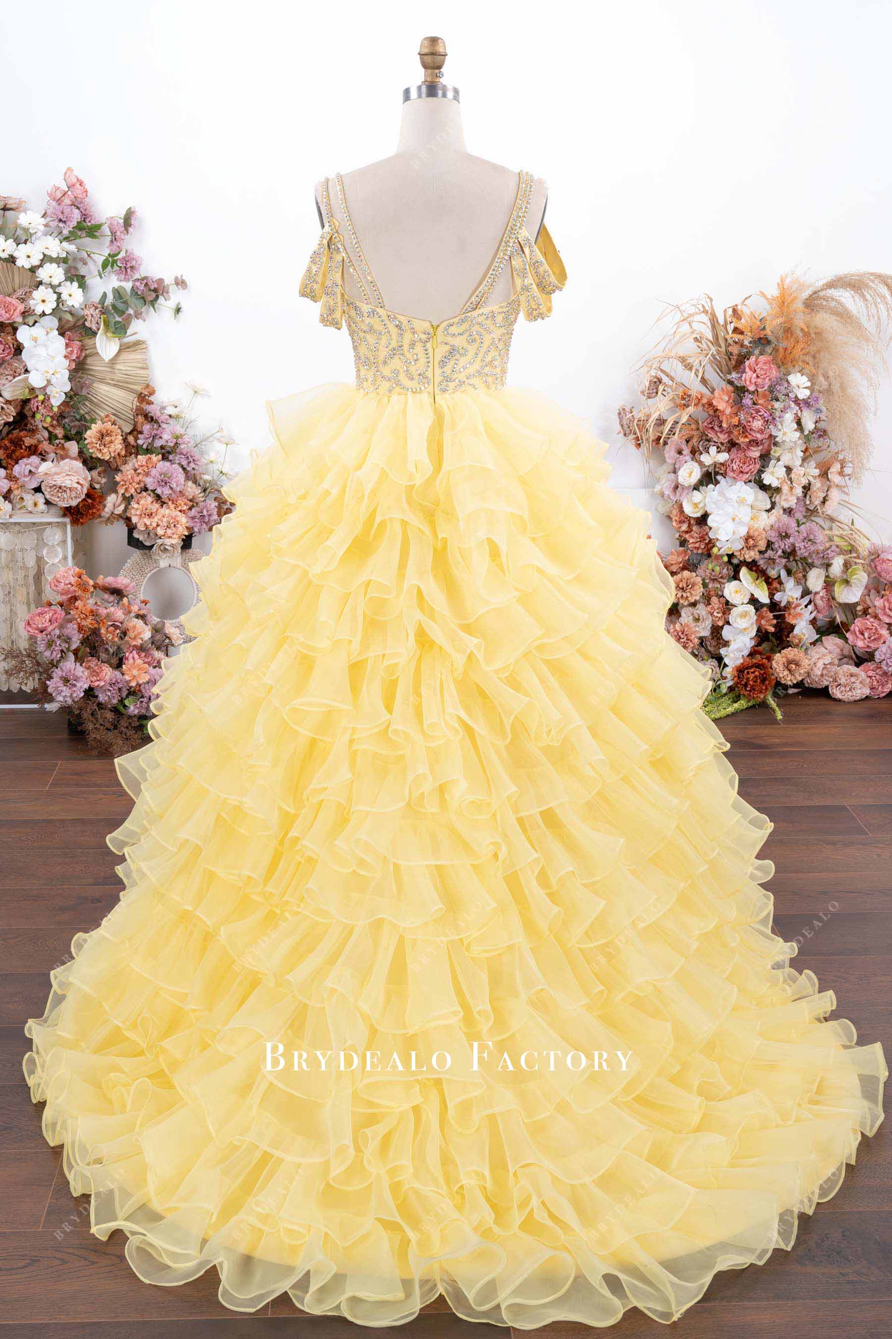 ruffled long court train pageant gown