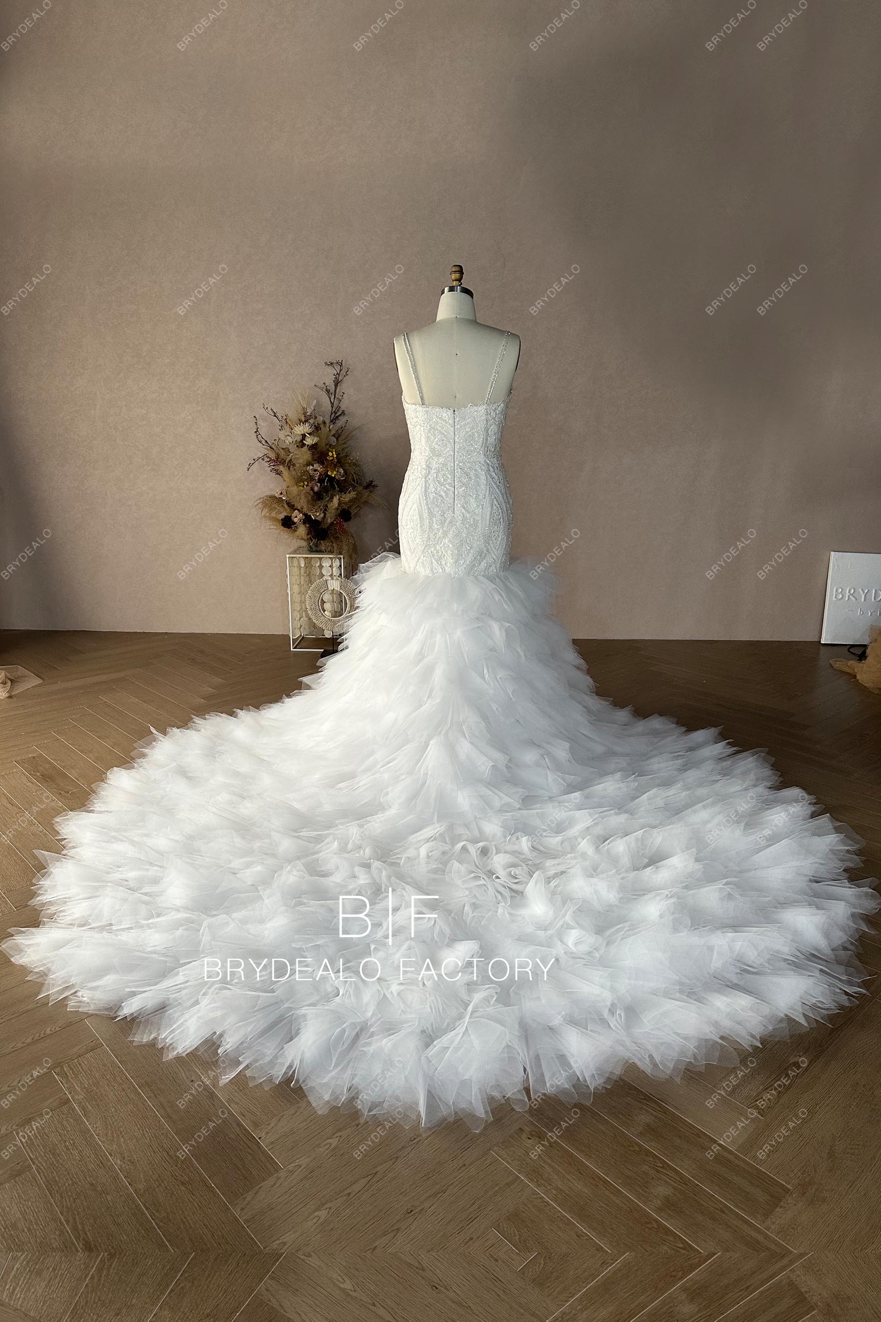 ruffle long train trumpet custom wedding dress
