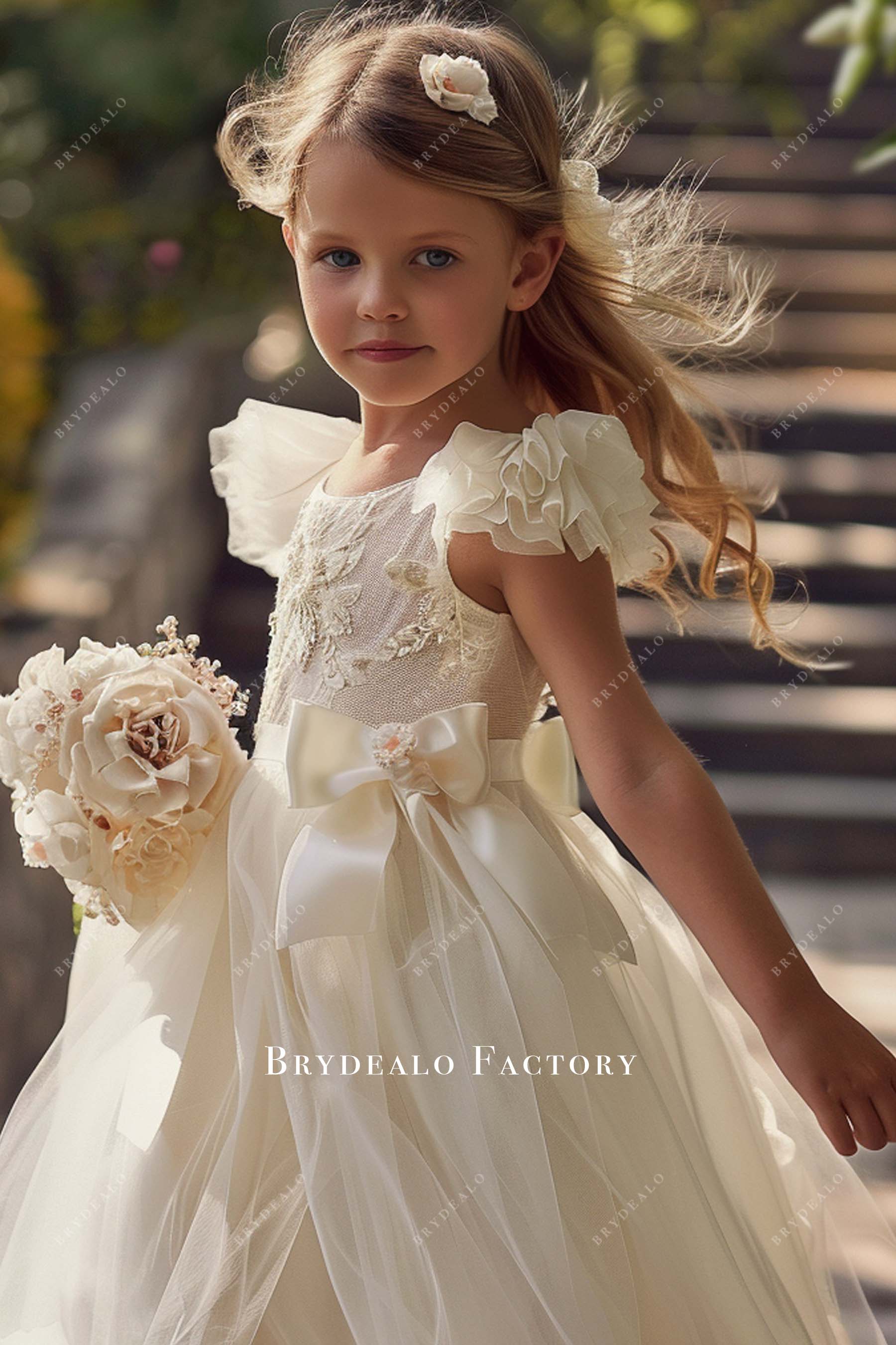 Ivory Ruffled Short Sleeves Knee Length Flower Girl Dress