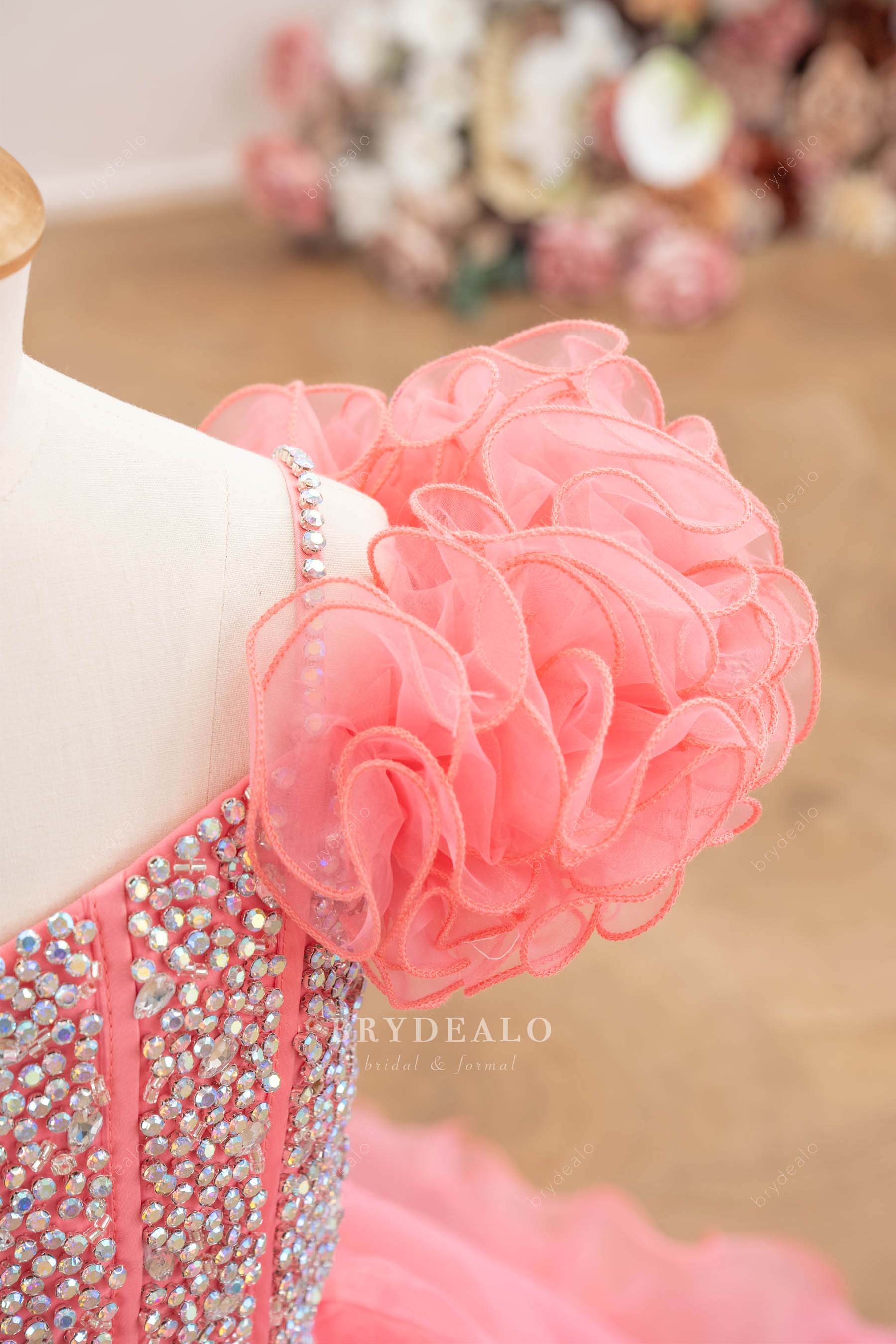 ruffled sleeve rhinestone strap kids pageant gown