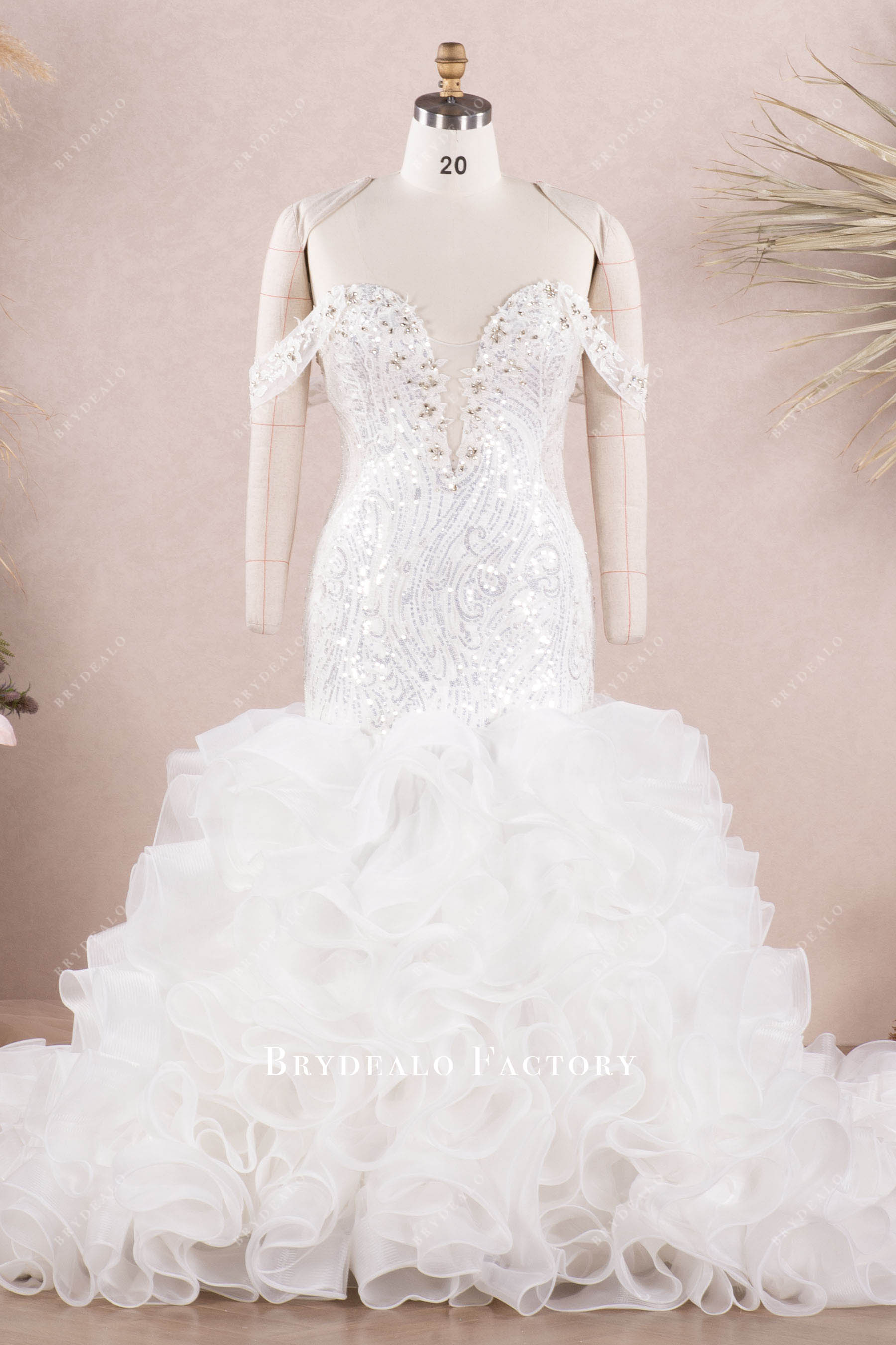 mermaid wedding dresses with ruffles and bling Wholesale Beaded Lace Ruffled Organza Trumpet Bridal Dress mermaid wedding dresses with ruffles and bling Wholesale Beaded Lace Ruffled Organza Trumpet Bridal Dress