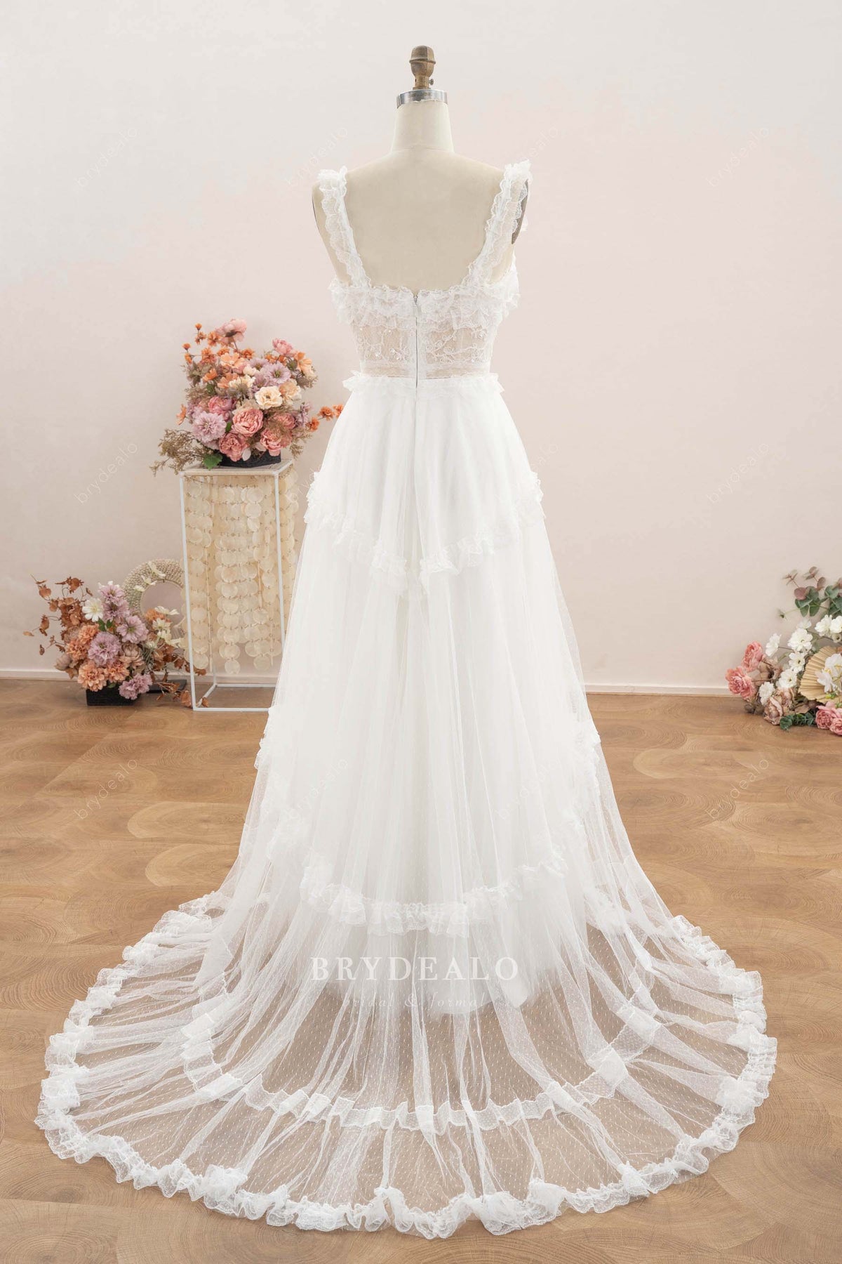 ruffled straps boho wedding dress