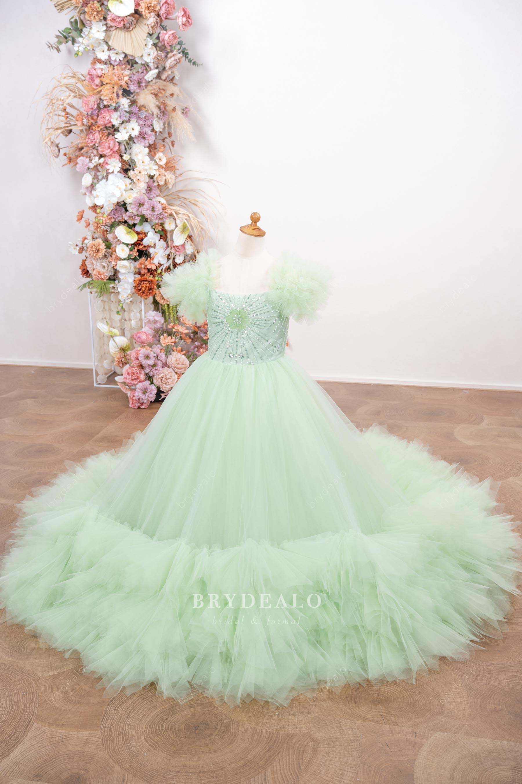 ruffled tulle shoulders kids pageant dress