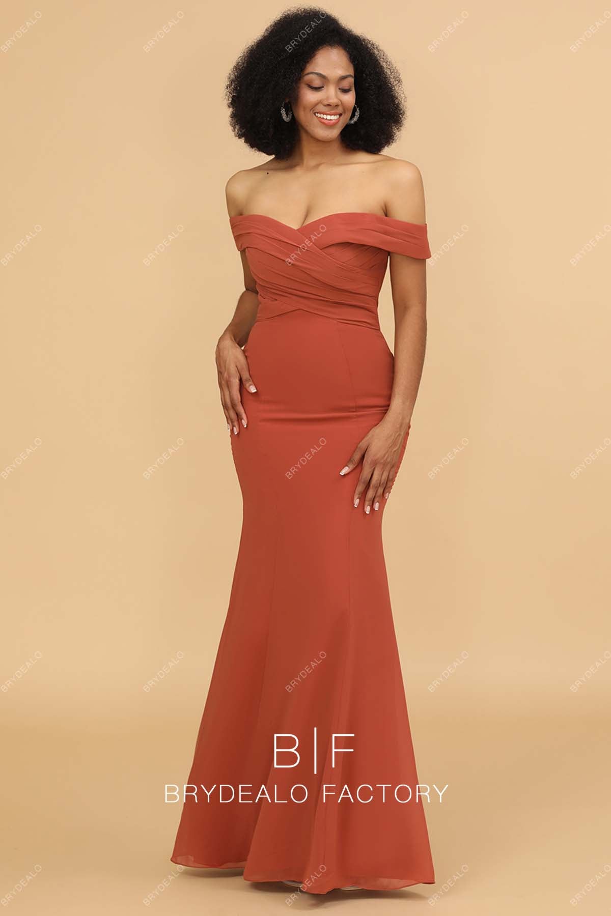 Rusty Off-shoulder Crisscross Pleated Mermaid Bridesmaid Gown