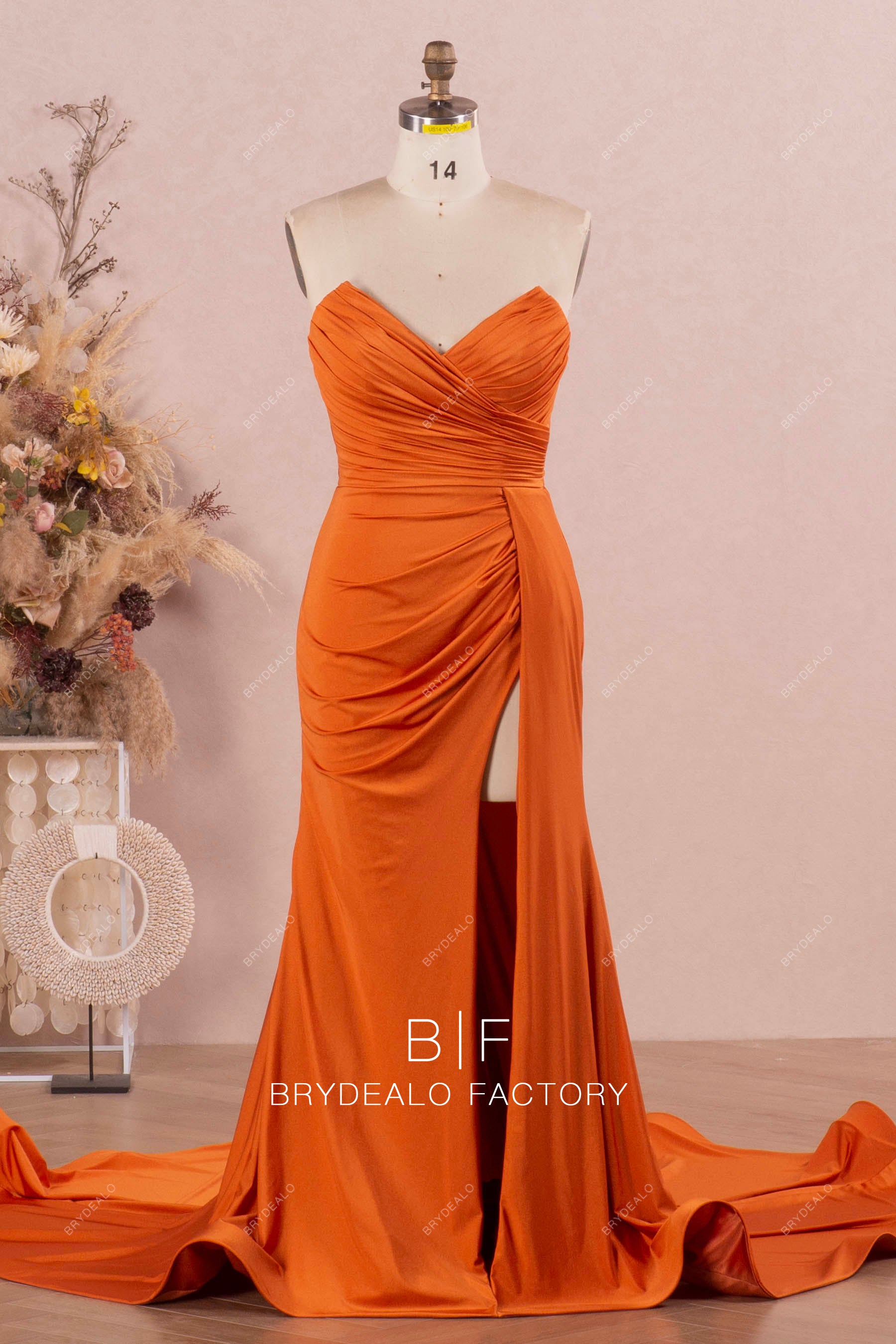 Rusty Pleated V-cut Neck High Slit Bridesmaid Dress Rusty Pleated V-cut Neck High Slit Bridesmaid Dress