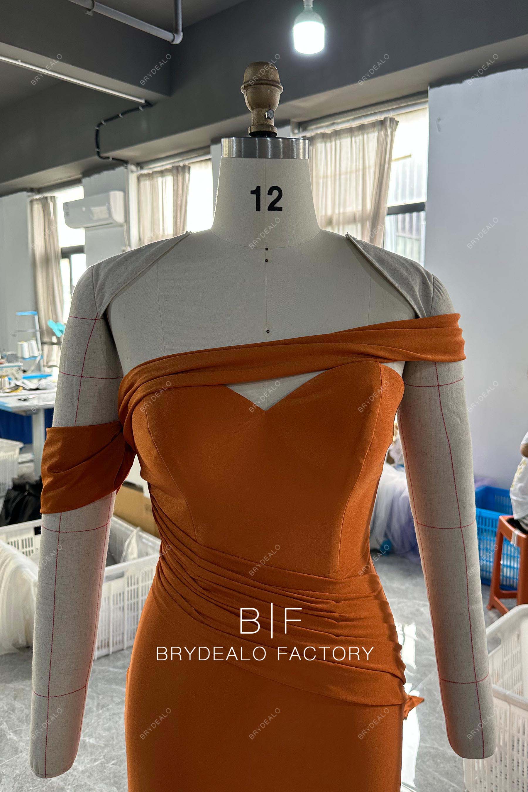 rusty off shoulder bridesmaid gown