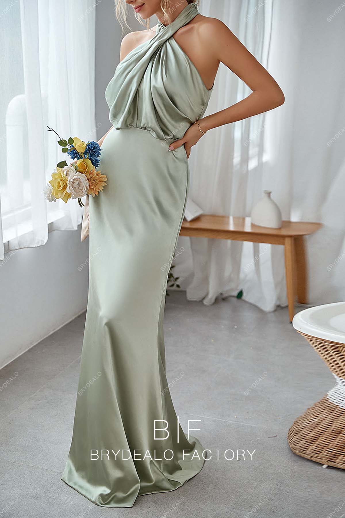 sage green charmeuse halter neck bridesmaid dress