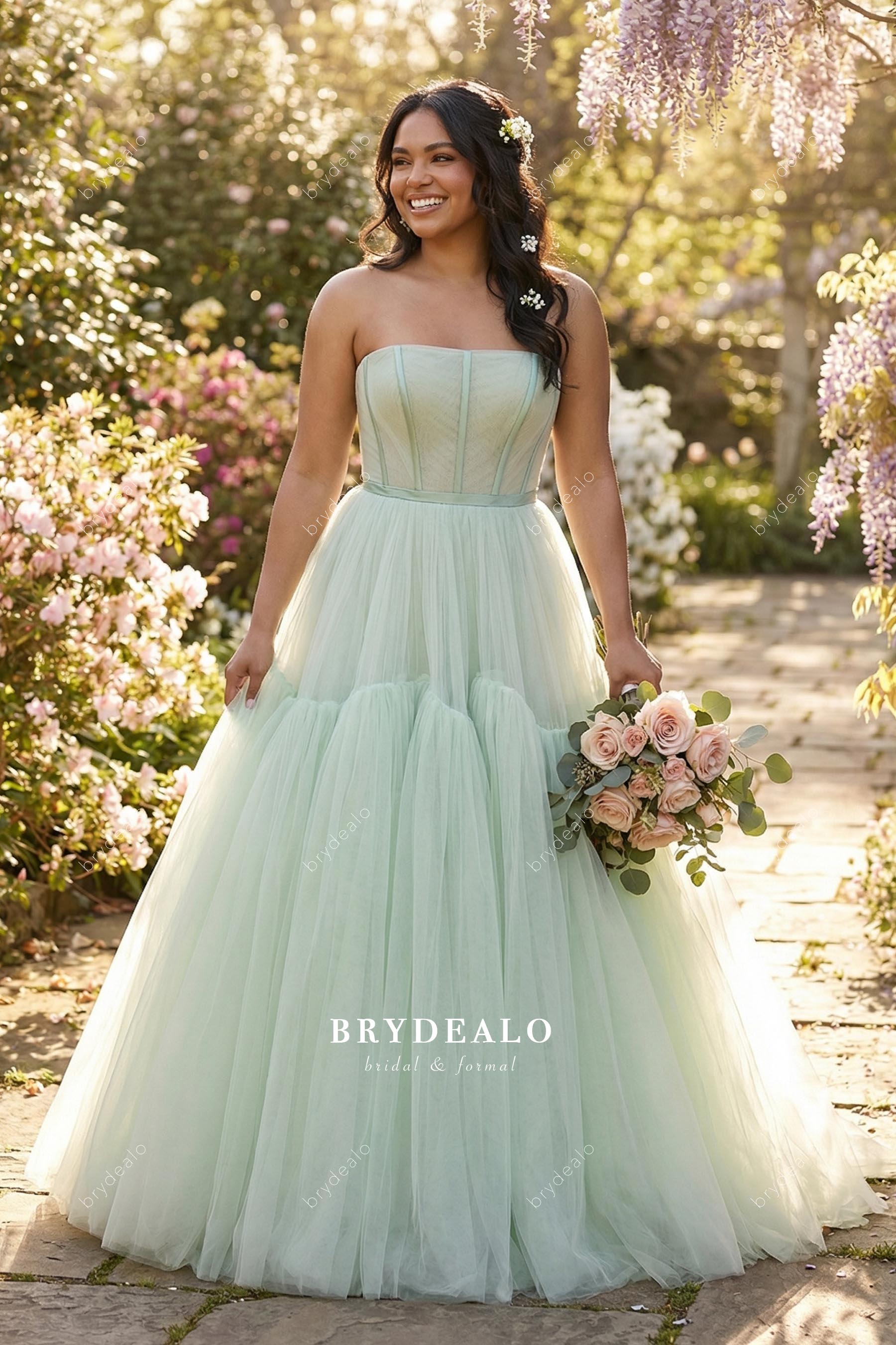 sage tiered tulle wedding dress