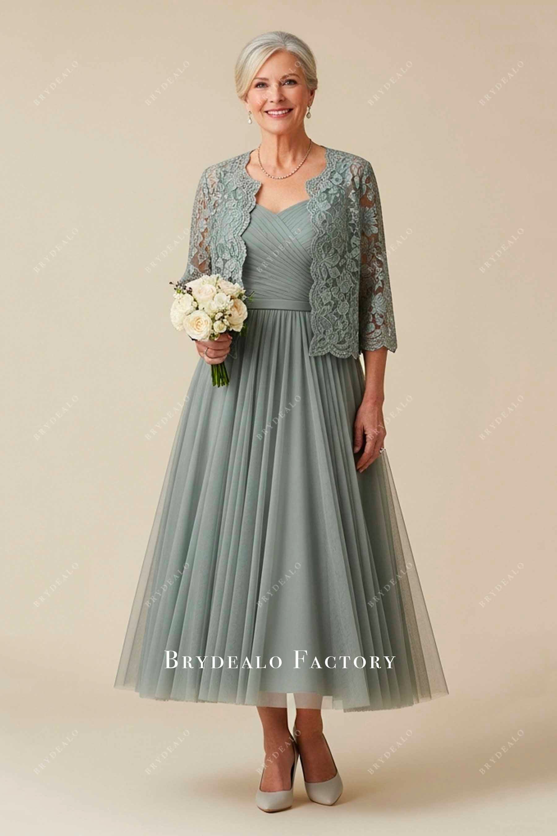Dusty Sage Lace Jacket Tulle Tea Length Mother of Bride Dress Dusty Sage Lace Jacket Tulle Tea Length Mother of Bride Dress