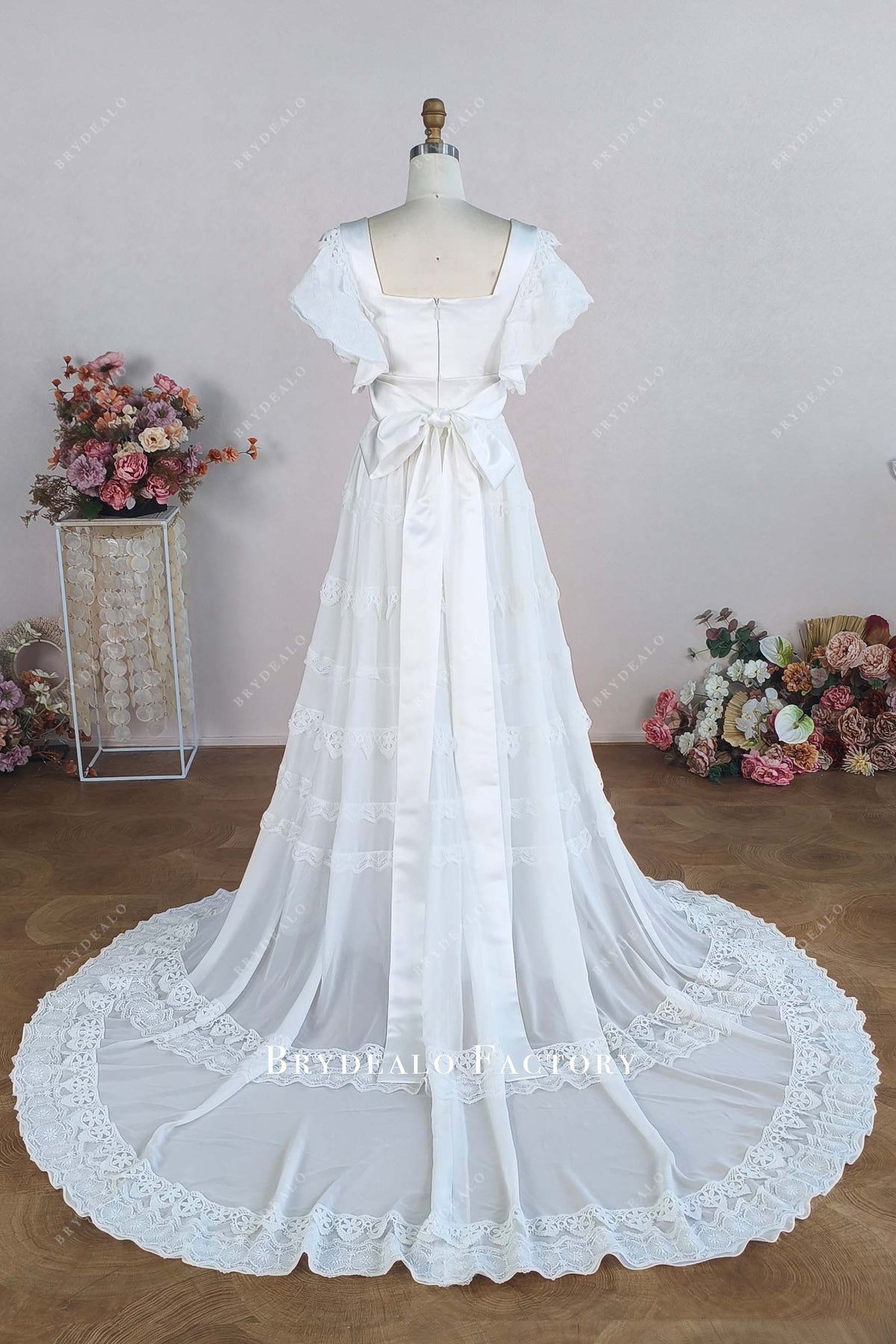 satin bowknot chapel train custom wedding dress