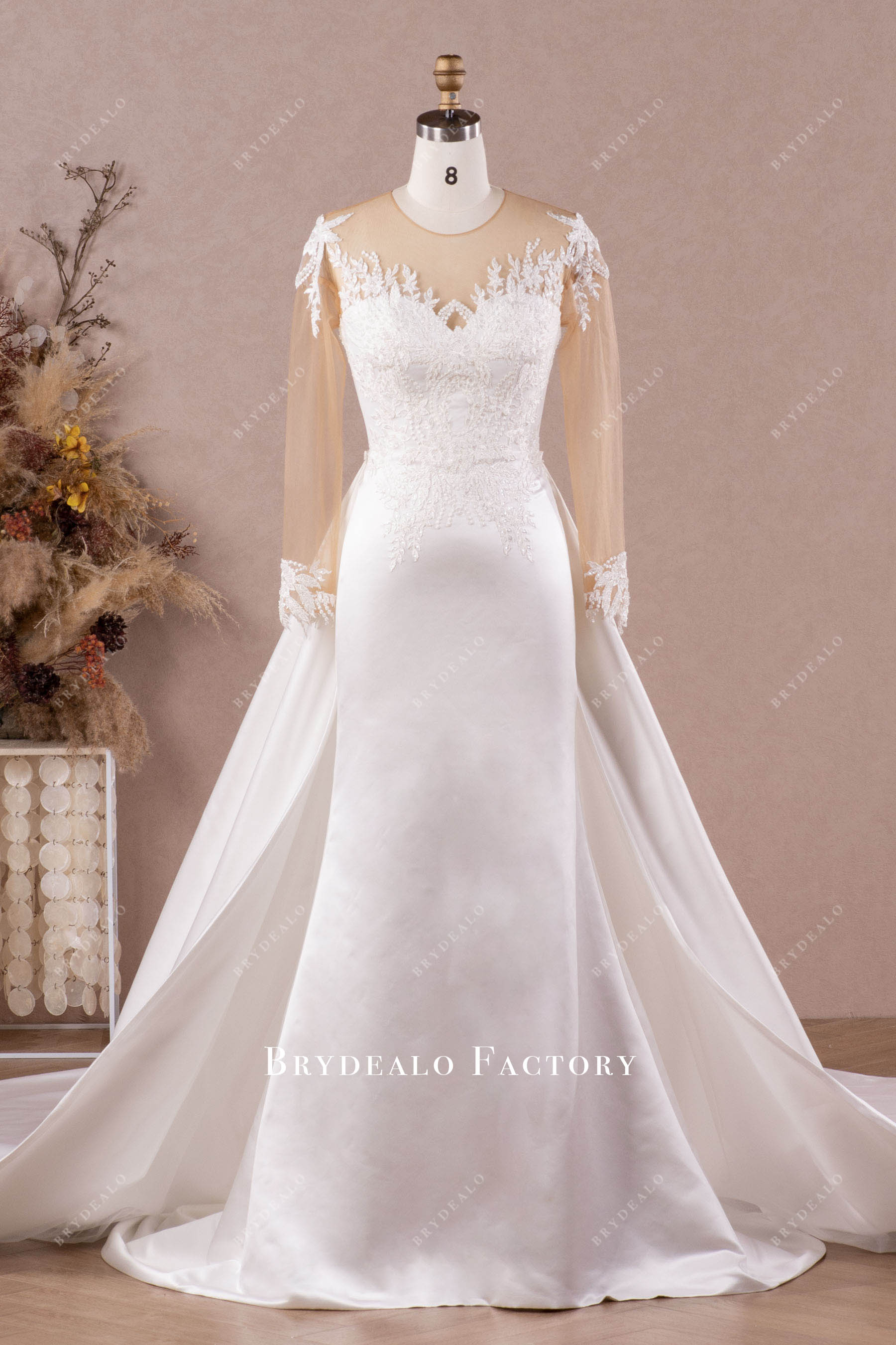 satin mermaid wedding dress with overskirt