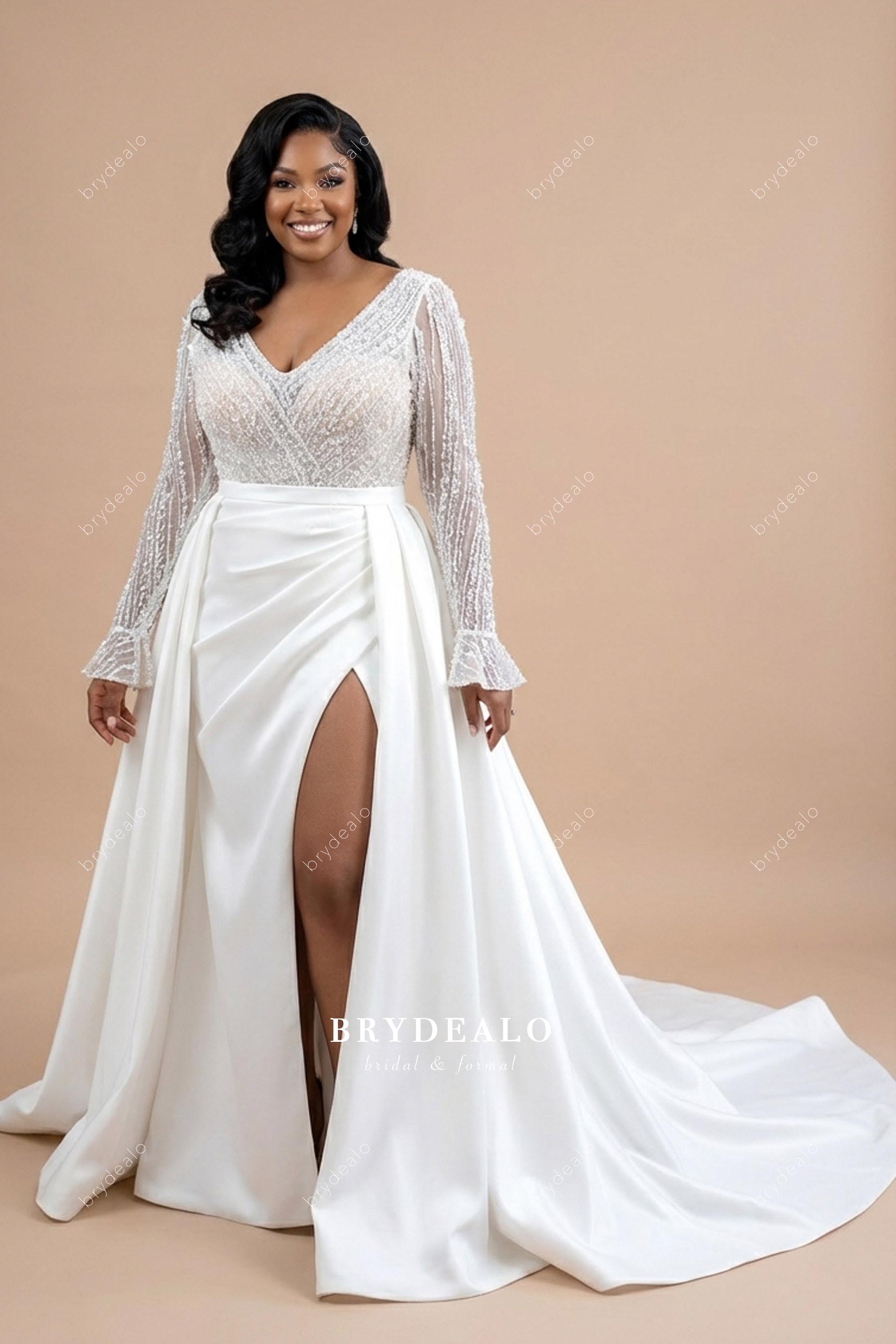 Sleeved Beaded Lace High Slit Overskirt Wedding Dress Sleeved Beaded Lace High Slit Overskirt Wedding Dress
