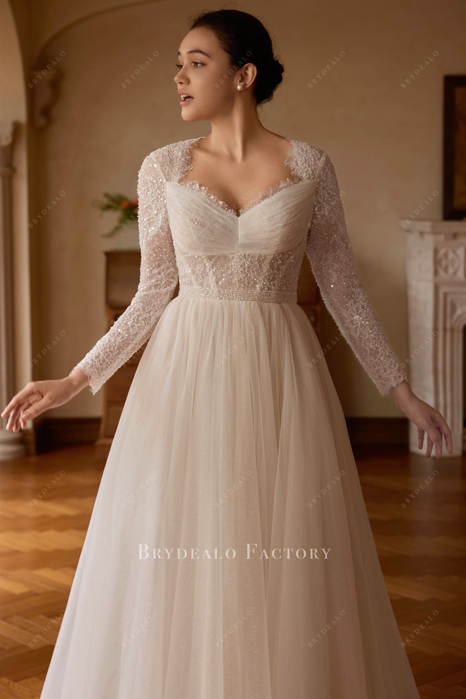 Elegant Anne Queen Neck Sleeved Lace Wedding Dress Court Train