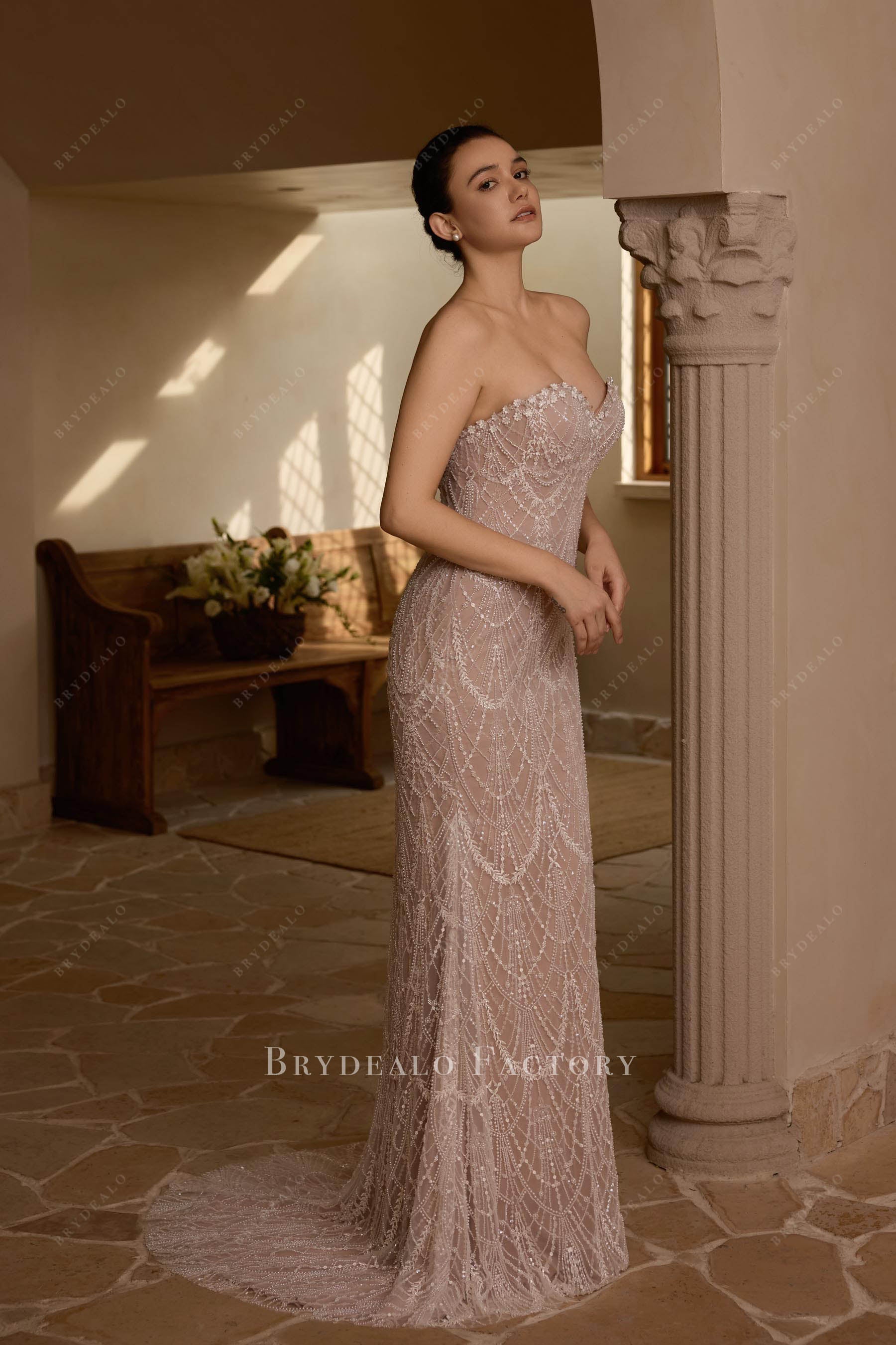 scalloped beaded lace wedding dress