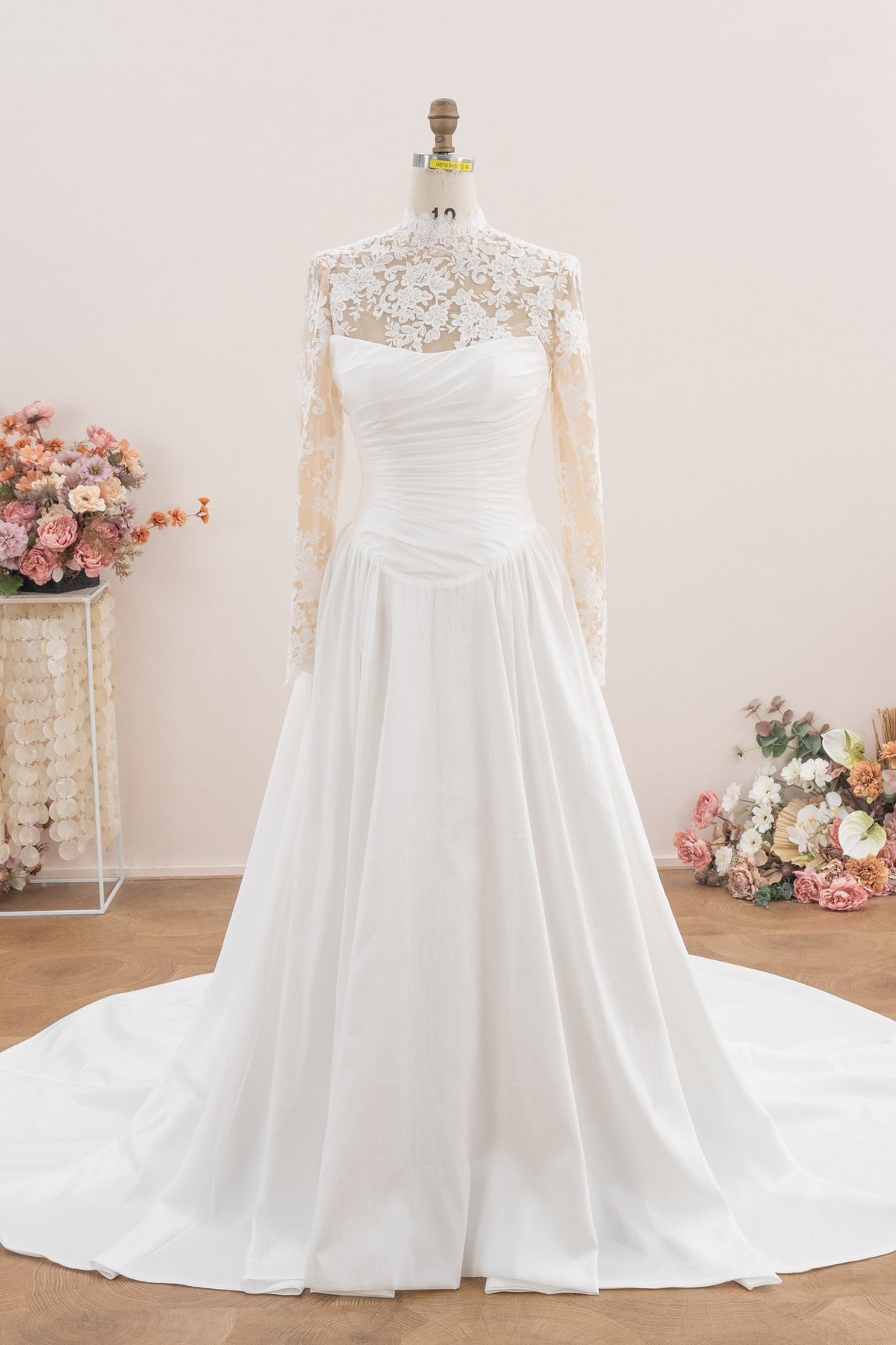 scalloped lace high neck wedding dress