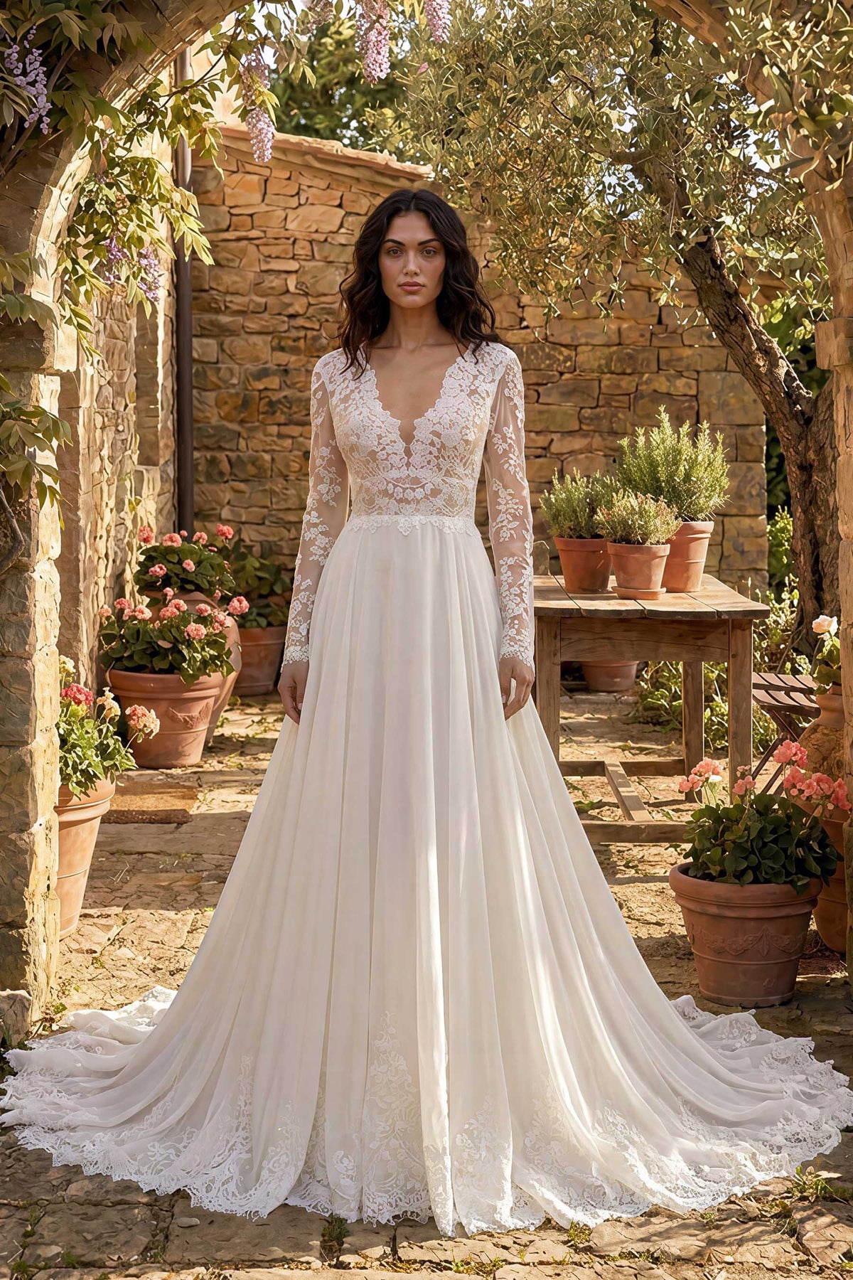 scalloped lace plunging neck boho wedding dress