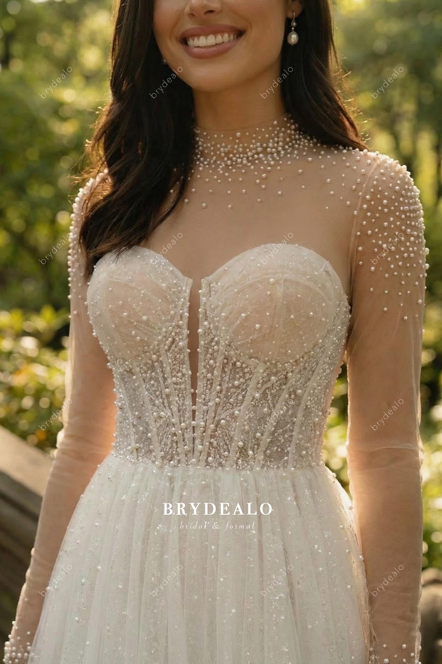 scattered pearls illusion high neck wedding dress
