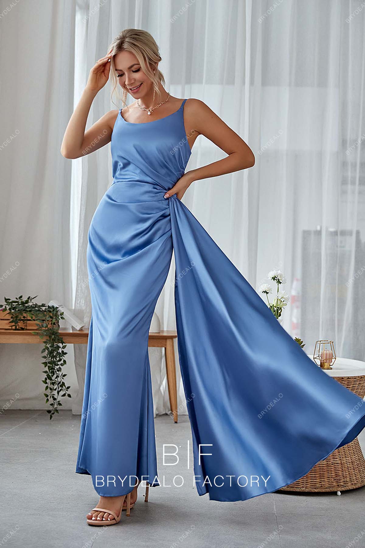 Blue Scoop Neck Charmeuse Panel Train Bridesmaid Dress