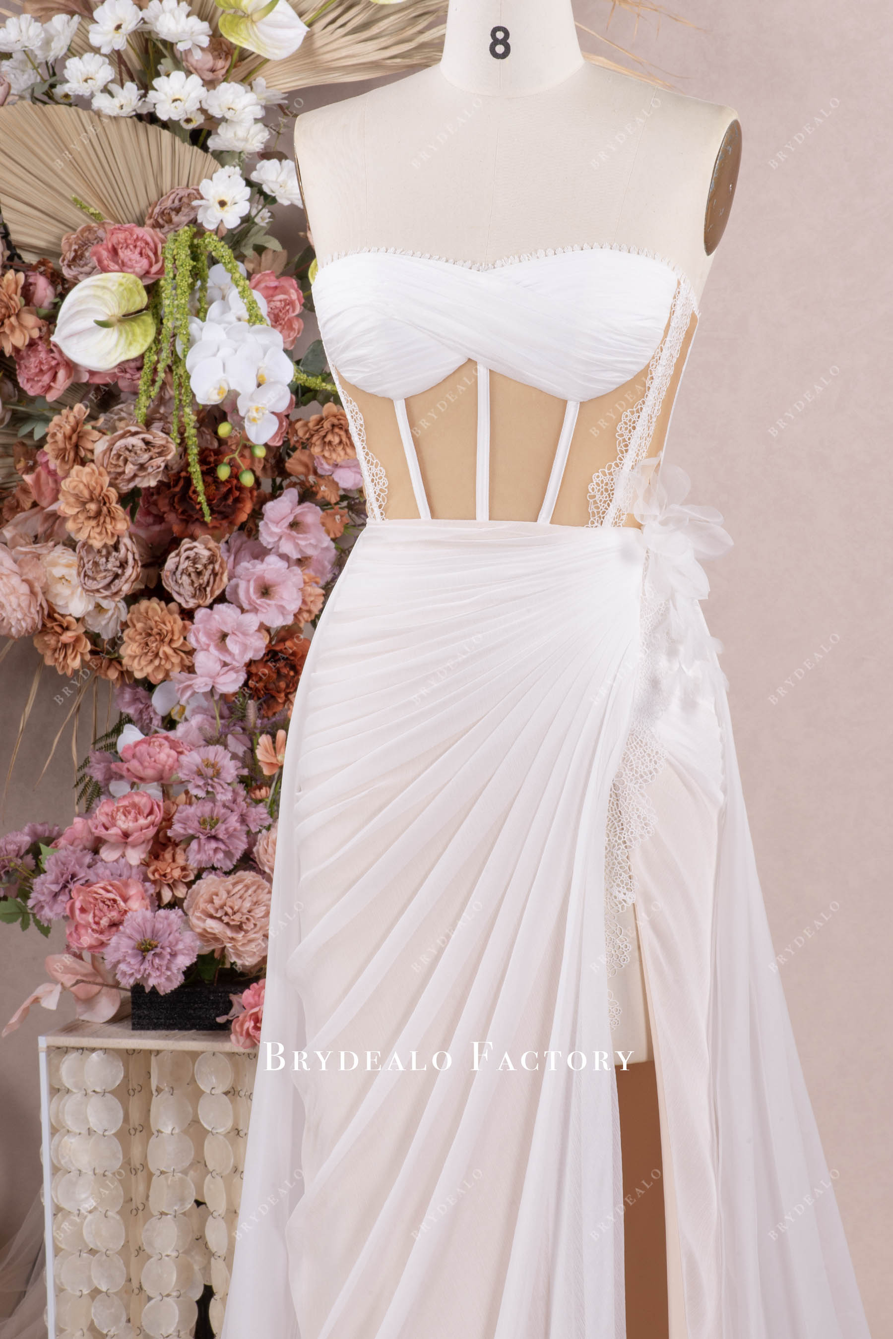 Sweetheart Corset High Slit Chiffon Overskirt Beach Wedding Dress