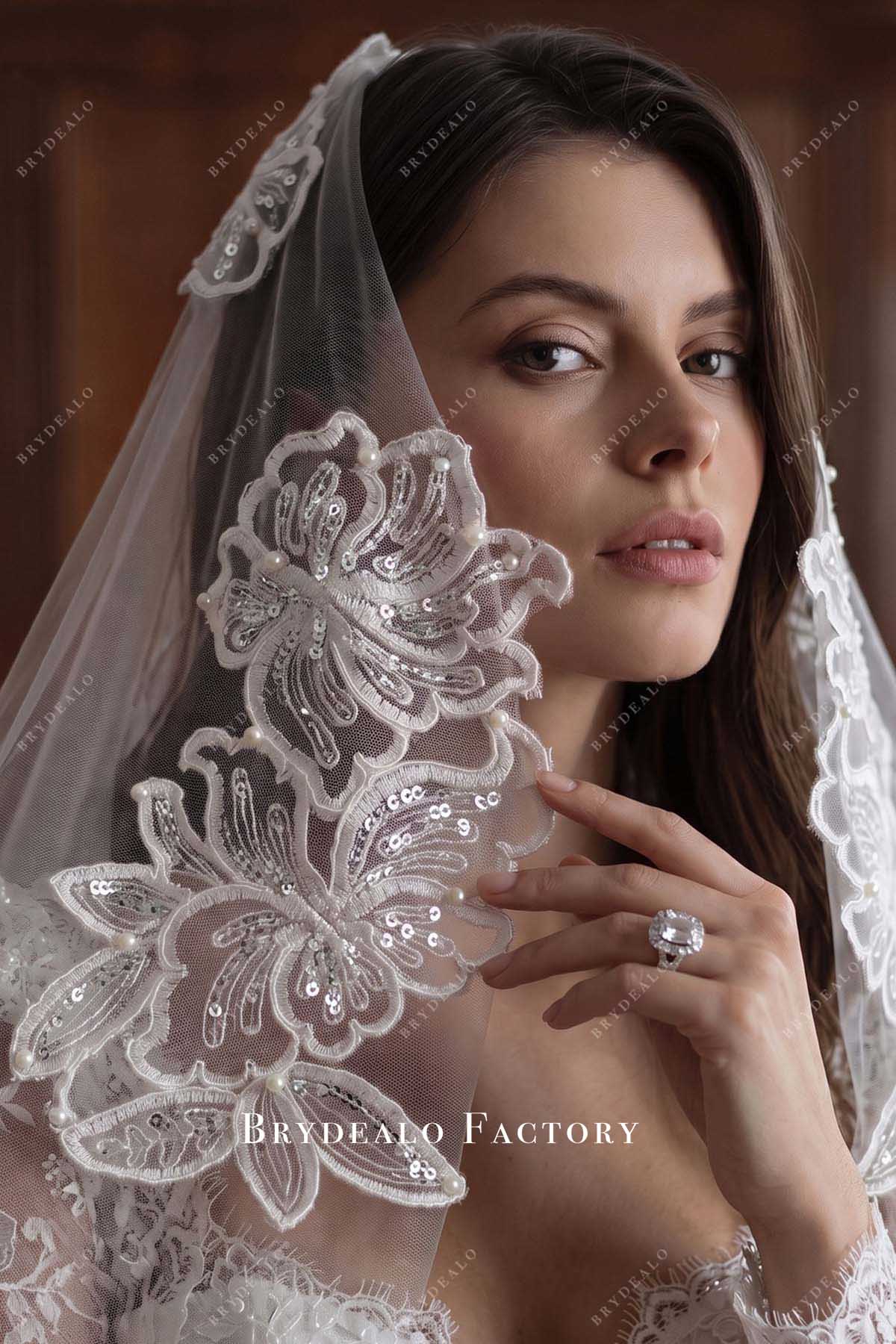 sequined floral lace bridal veil