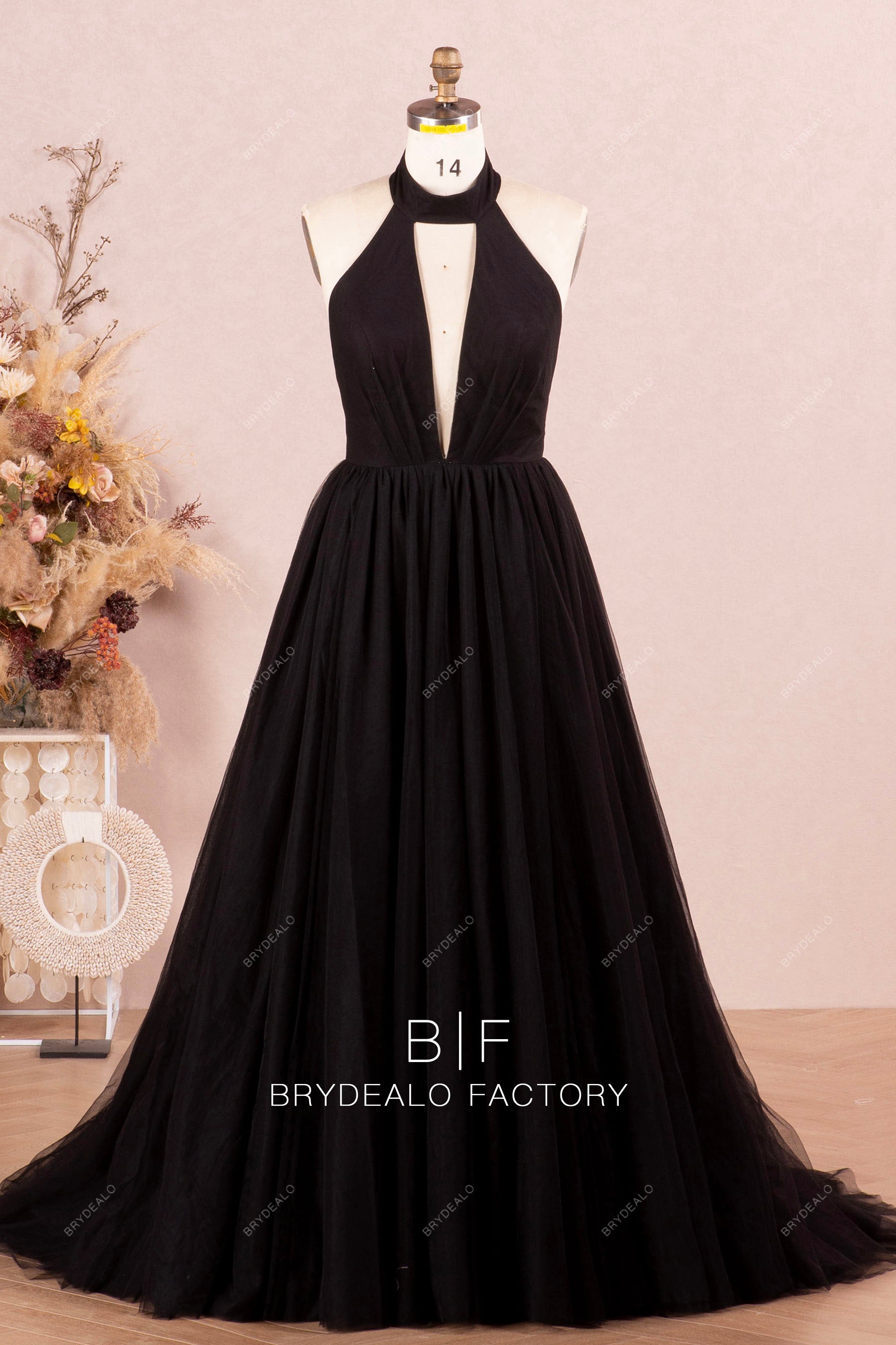 Black Halter Plunge Neck Tulle Prom Ball Gown Black Halter Plunge Neck Tulle Prom Ball Gown