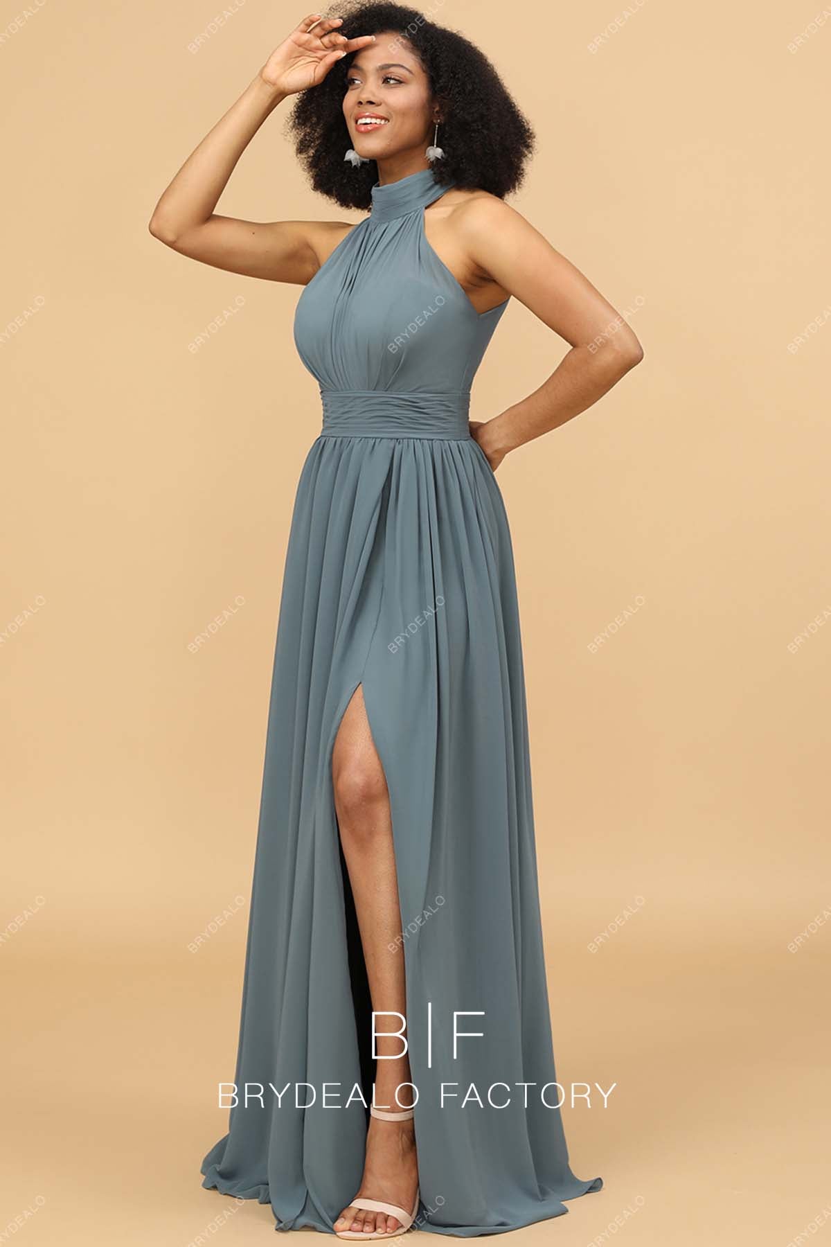 Dusty Blue Halter Neck Chiffon A-line Long Bridesmaid Gown