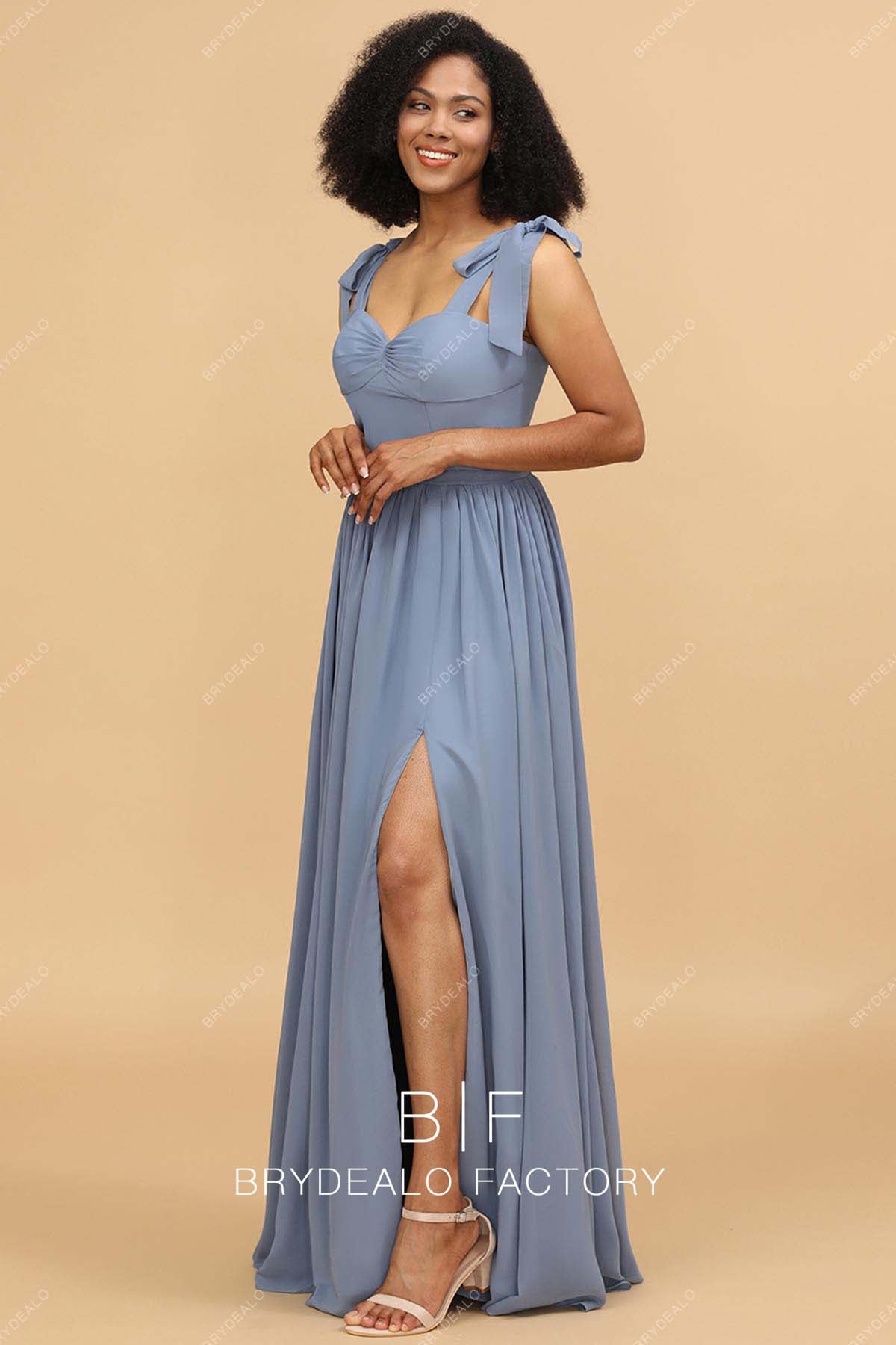 sexy slit A-line dusty blue bridesmaid dress