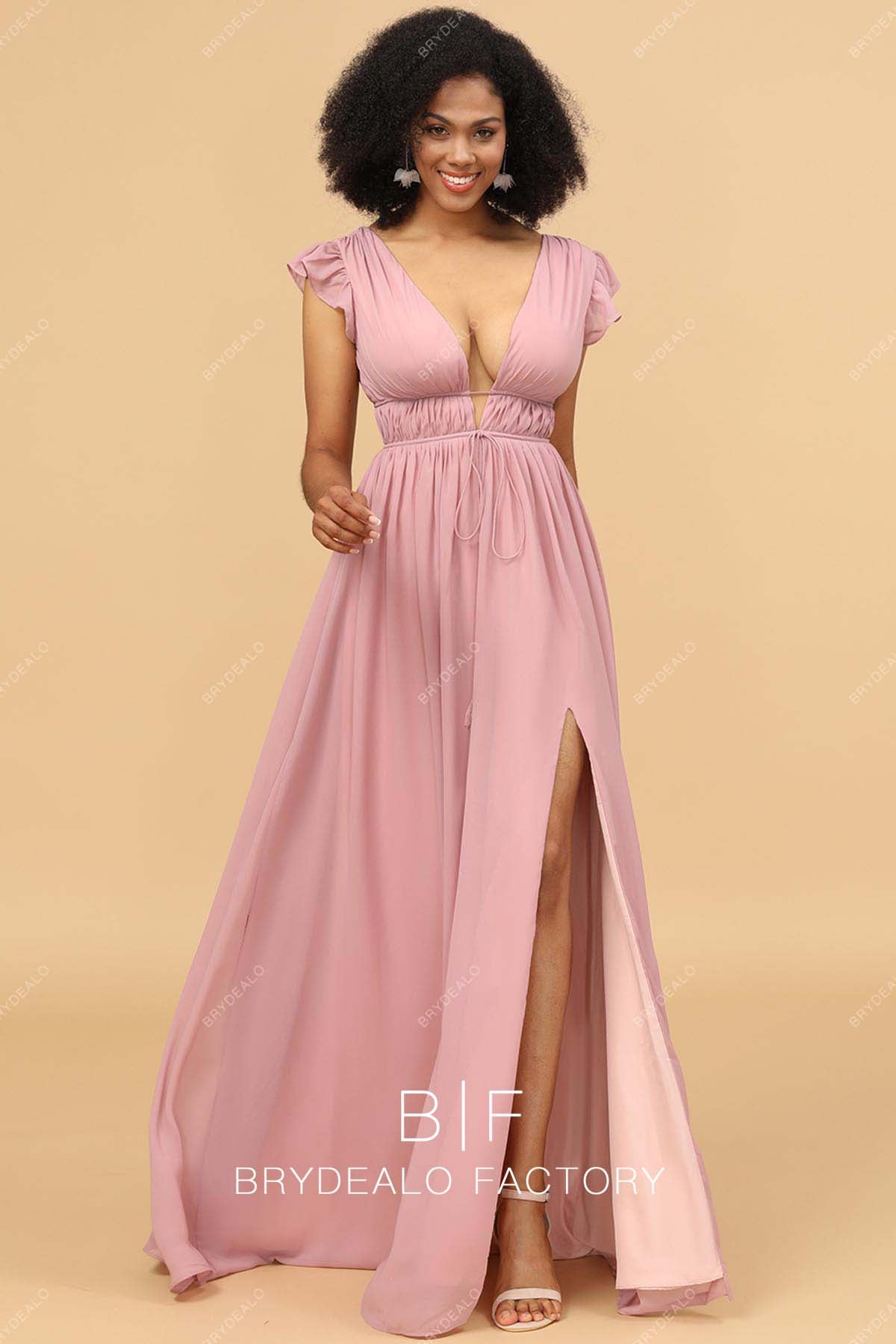 Pink Plunging Neck Flutter Sleeve Chiffon A-Line Slit Bridesmaid Dress Pink Plunging Neck Flutter Sleeve Chiffon A-Line Slit Bridesmaid Dress