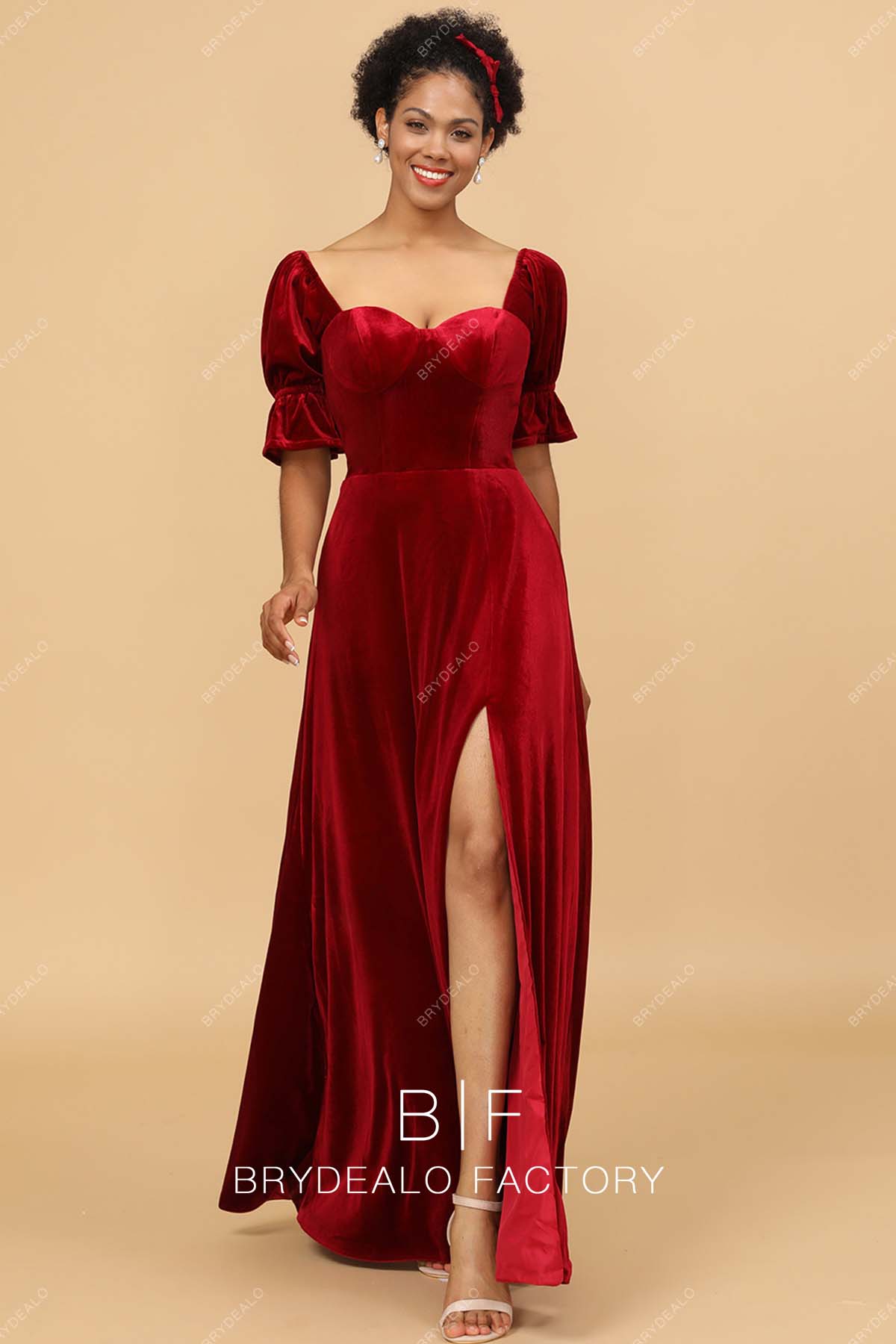 Ruby Velvet Short Sleeves Corset Slit A-line Bridesmaid Dress