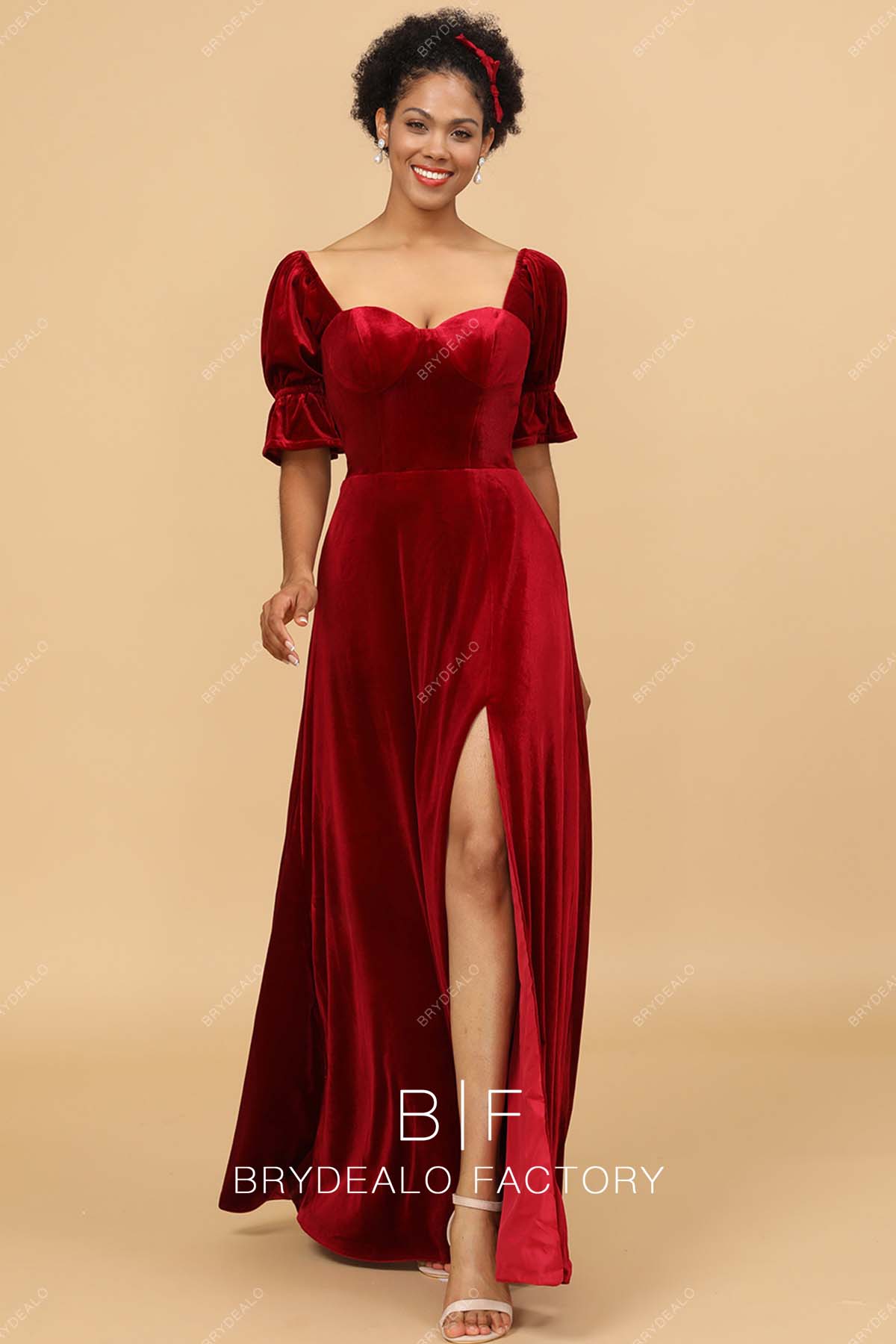blue dress for baby girl Ruby Velvet Short Sleeves Corset Slit A-Line Bridesmaid Dress