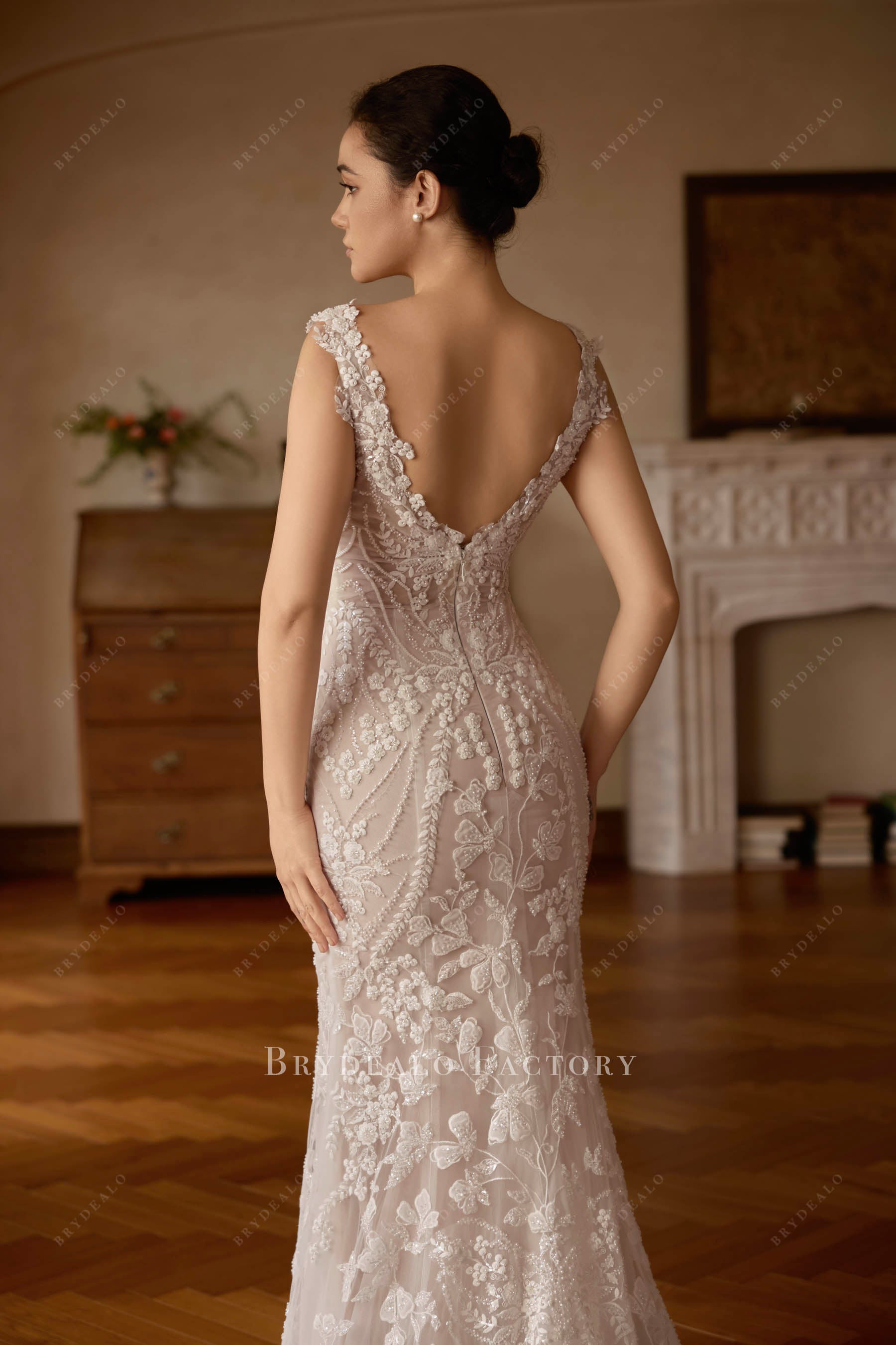 sheer V-back wedding dress