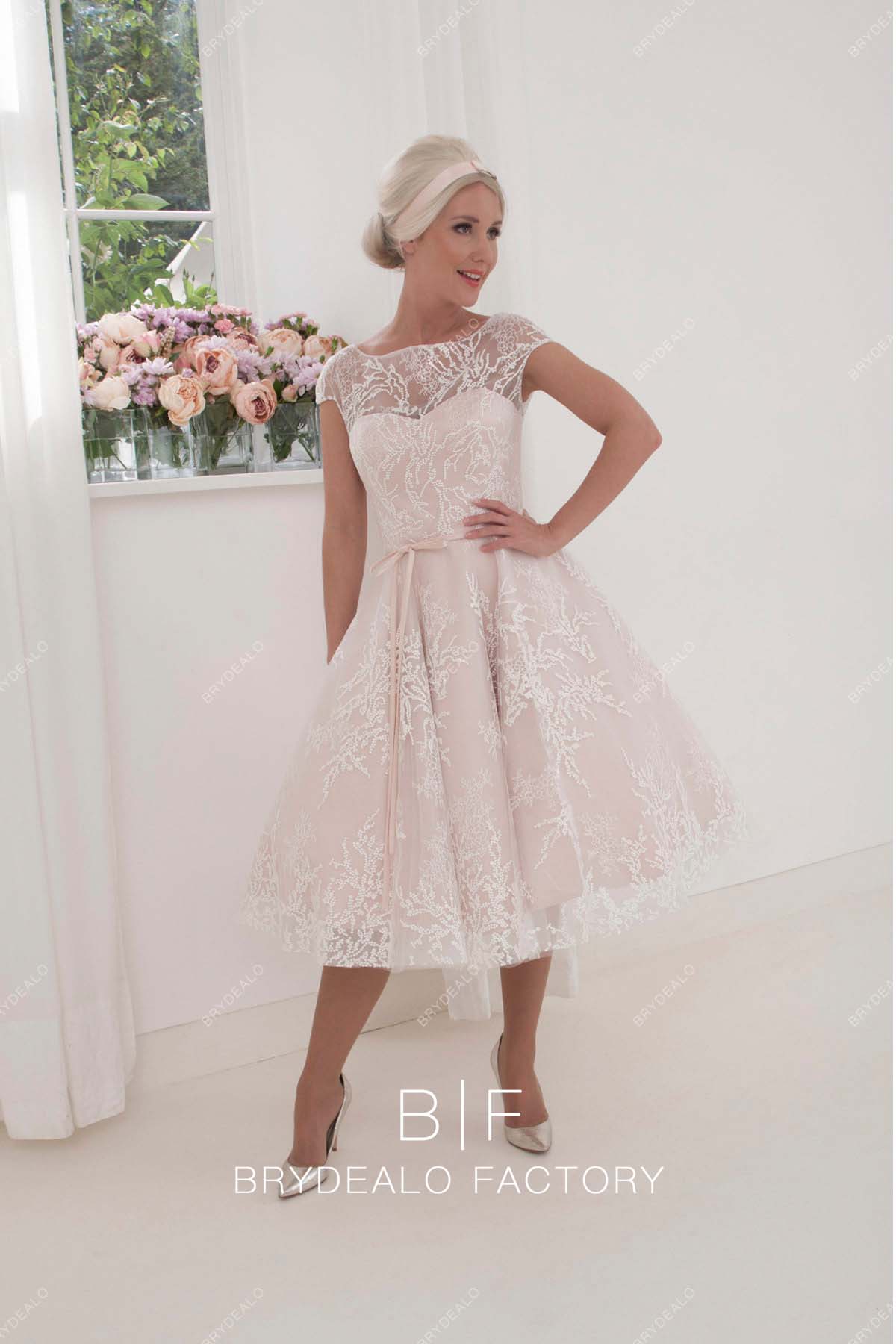 sheer cap sleeves short vintage bridal gown