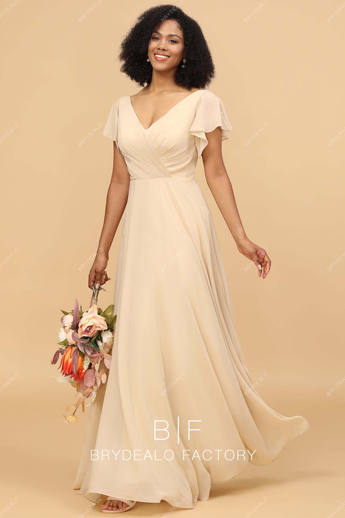 Champagne Chiffon V-neck Floor Length Bridesmaid Dress