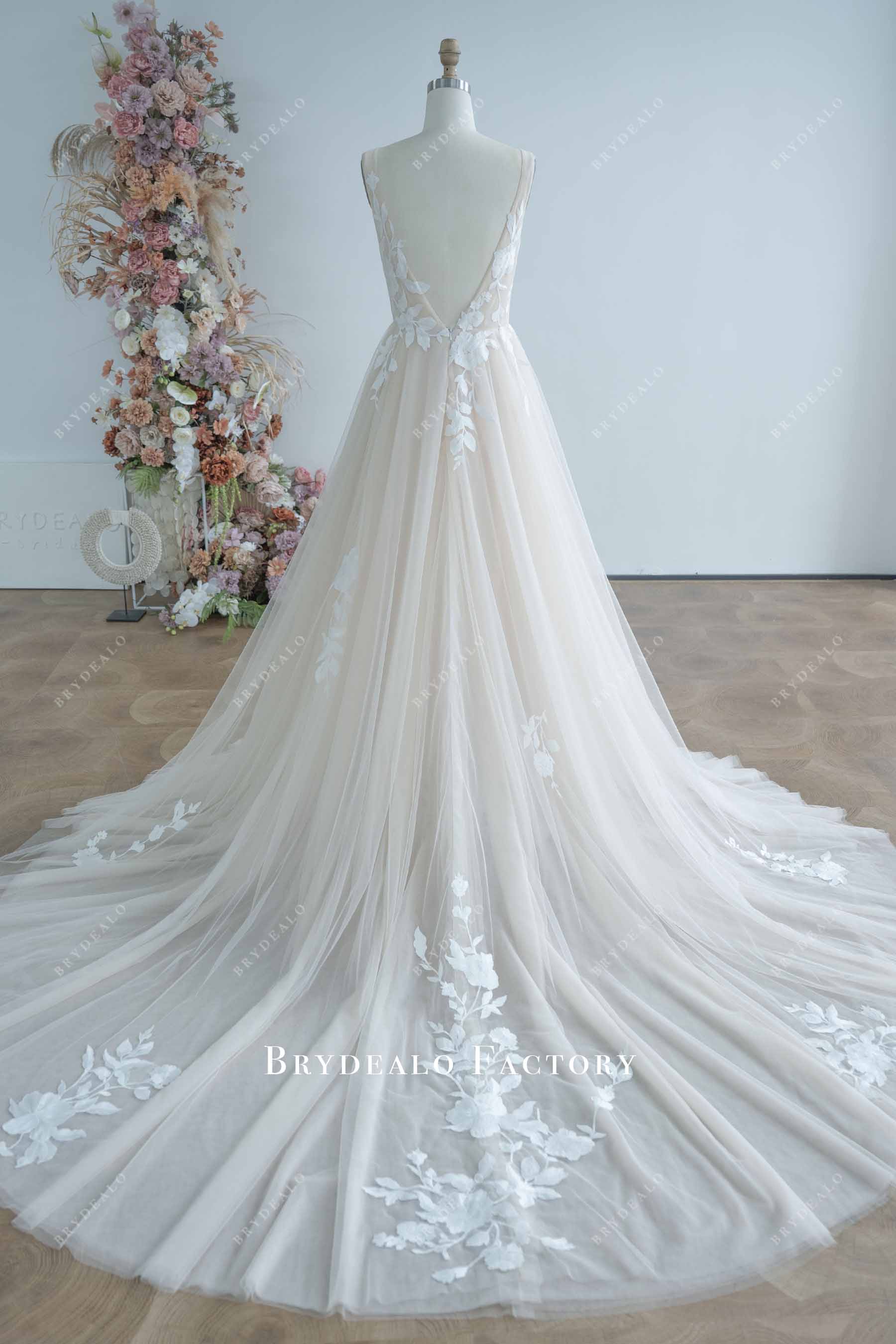 sheer lace tulle chapel train wedding dress