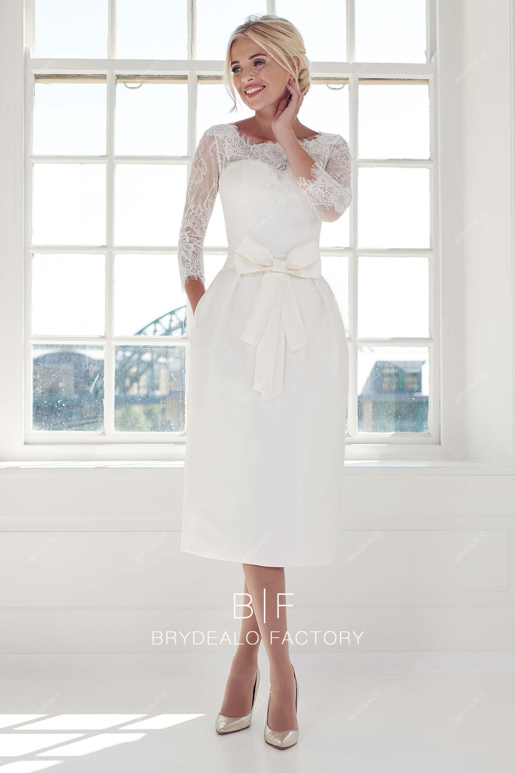 sheer sleeve vintage pencil bridal dress