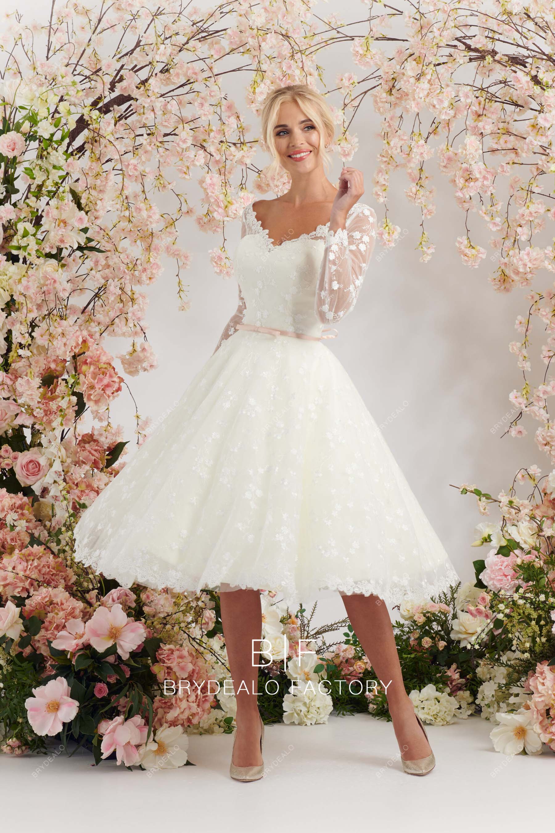 sheer sleeves tea length lace bridal dress